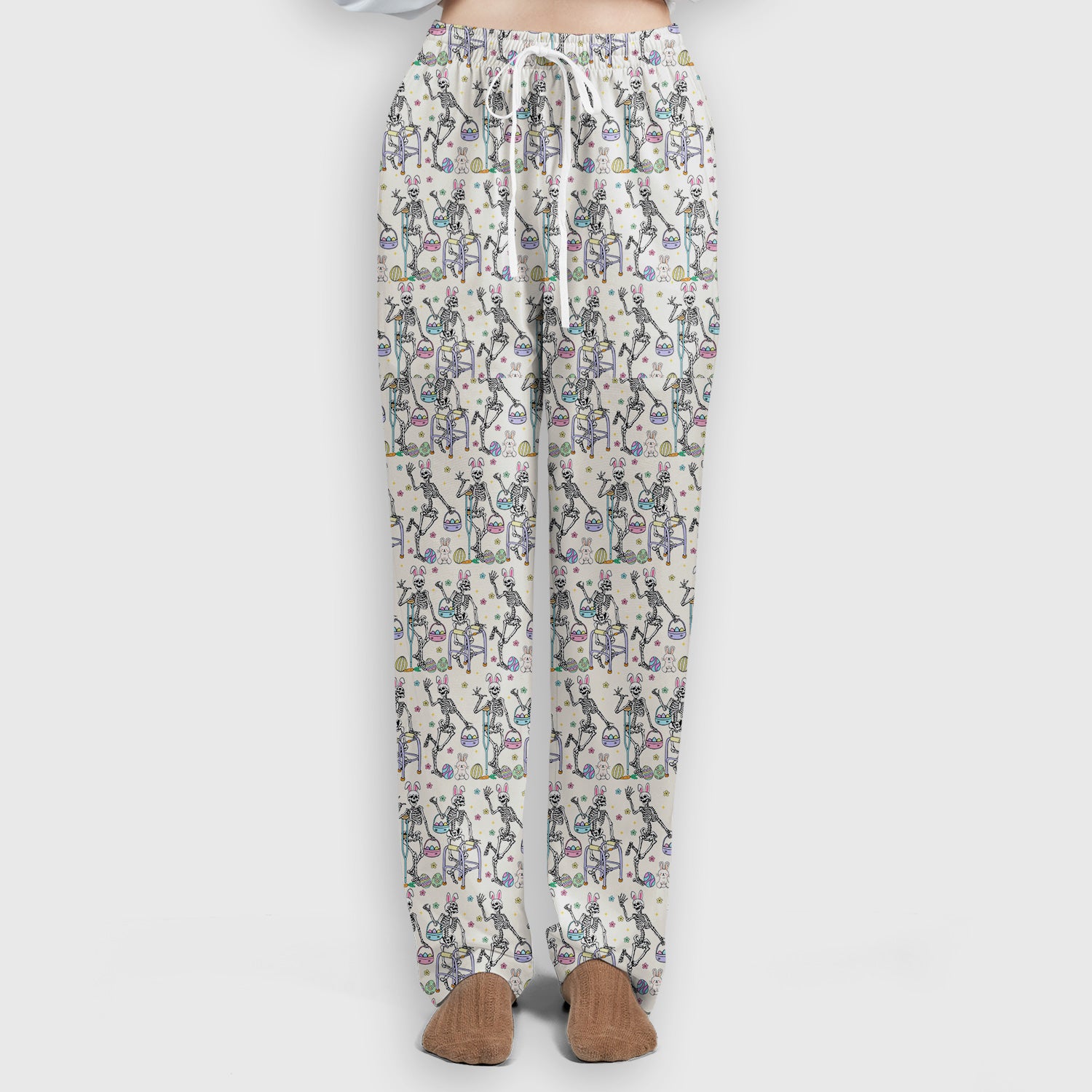 Fun Skeleton Bunny Easter Print Scrub Set, Scrub Pants and V Neck Top