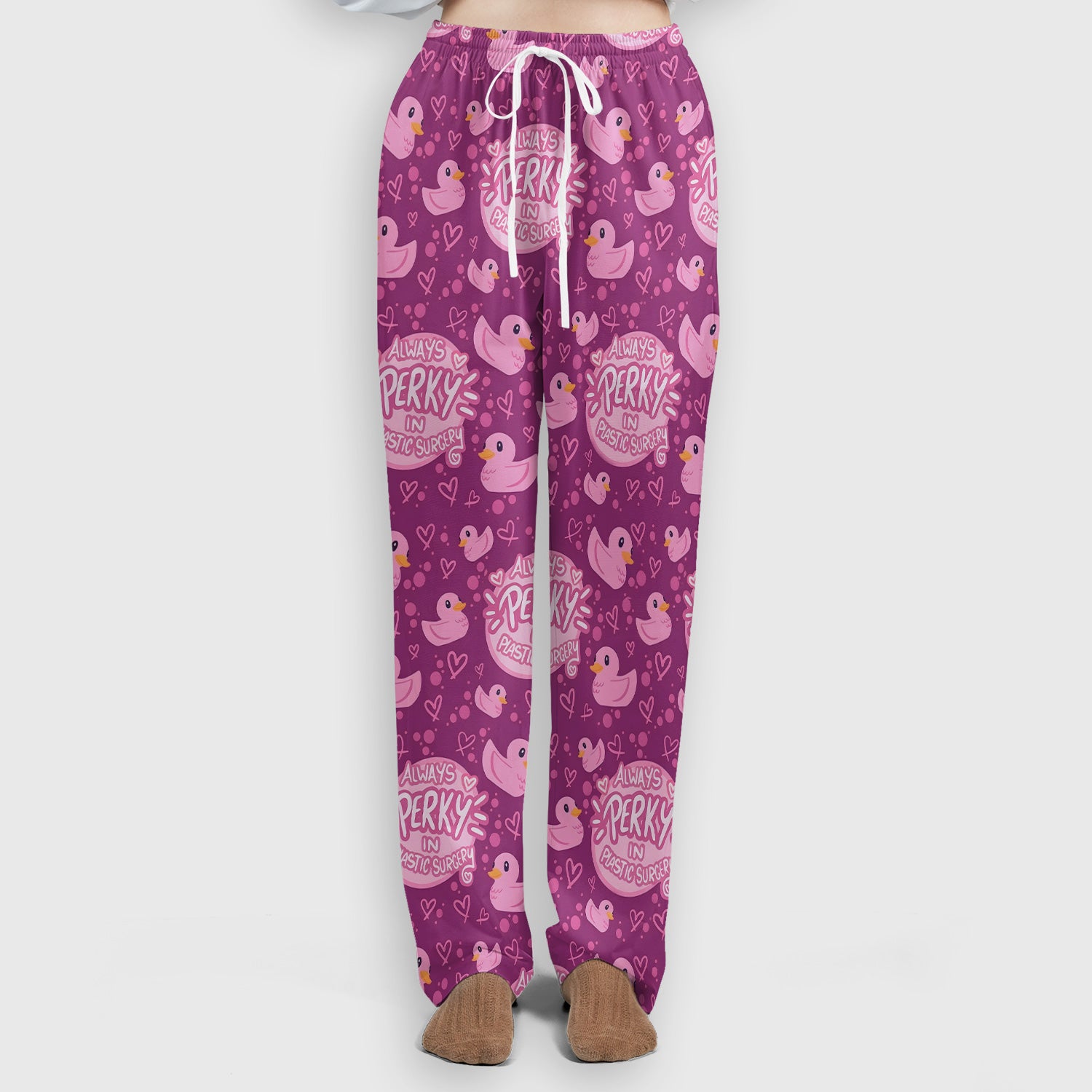 Always Perky Plastic Surgery Duck Pattern Scrub Set, Scrub Pants and V Neck Top