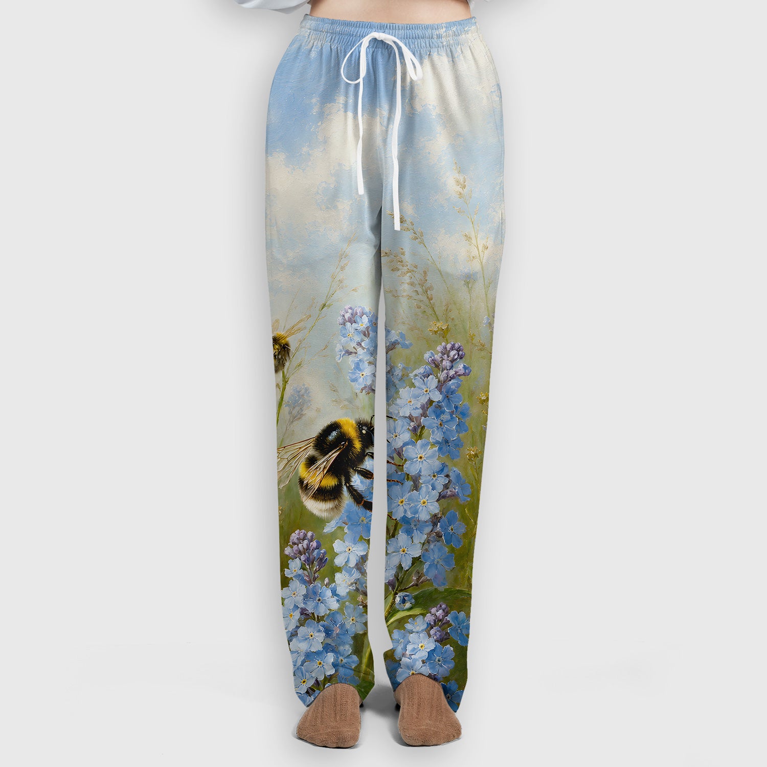 Whimsical Bumblebee Blue Blossom Pattern Scrub Set, Scrub Pants and V Neck Top