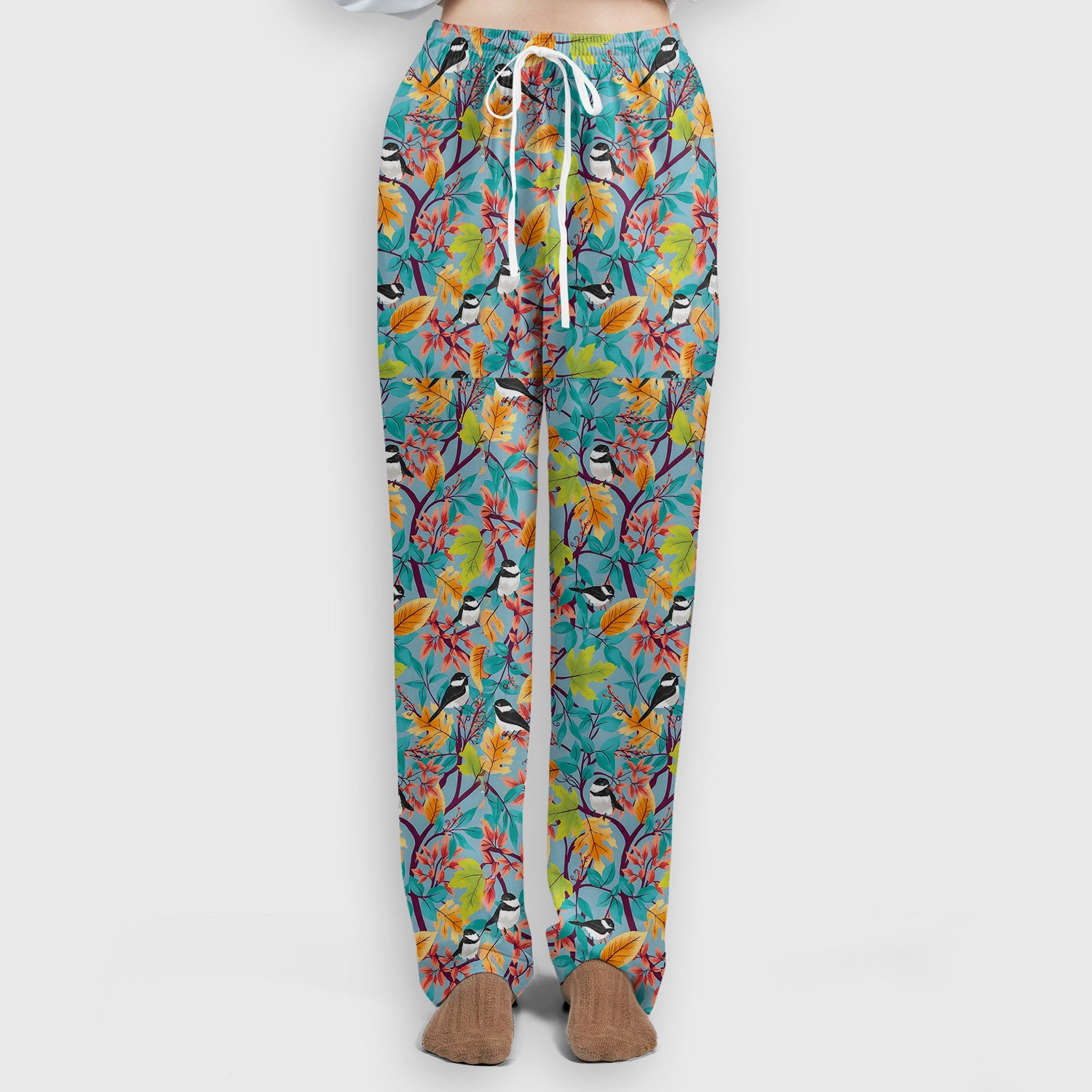 Autumn Leaf Chickadee Bird Pattern Scrub Set, Breathable Med Uniform