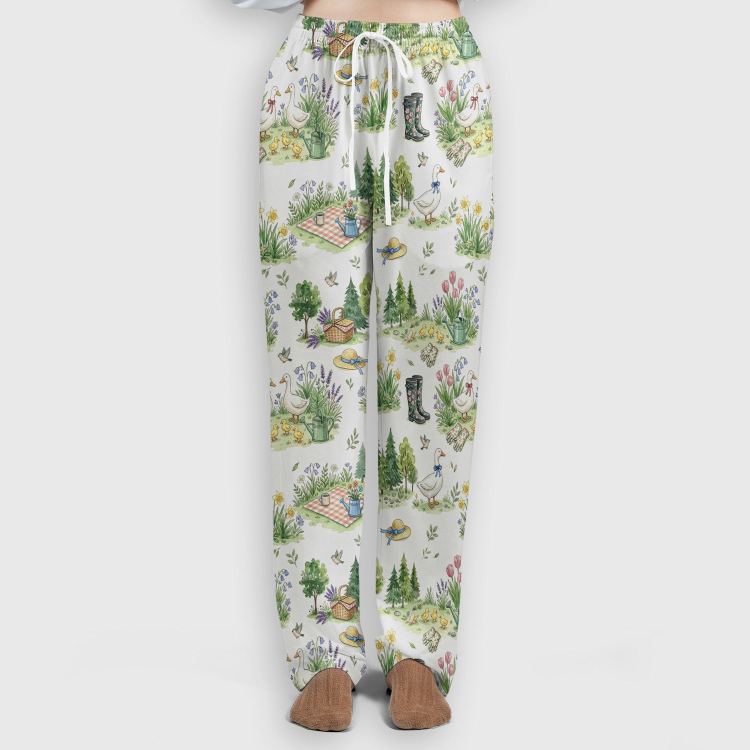 Cute Duck Garden Pattern Scrub Set, Spring Floral Countryside Scrub Pants and V Neck Top