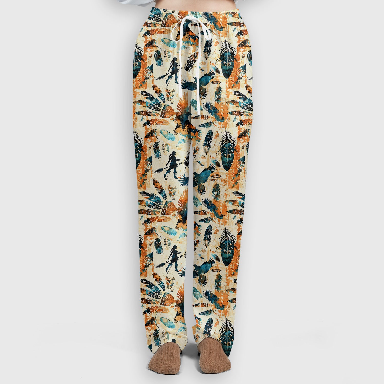 Feather Birds Tribal Print Scrub Set, Scrub Pants and V Neck Top