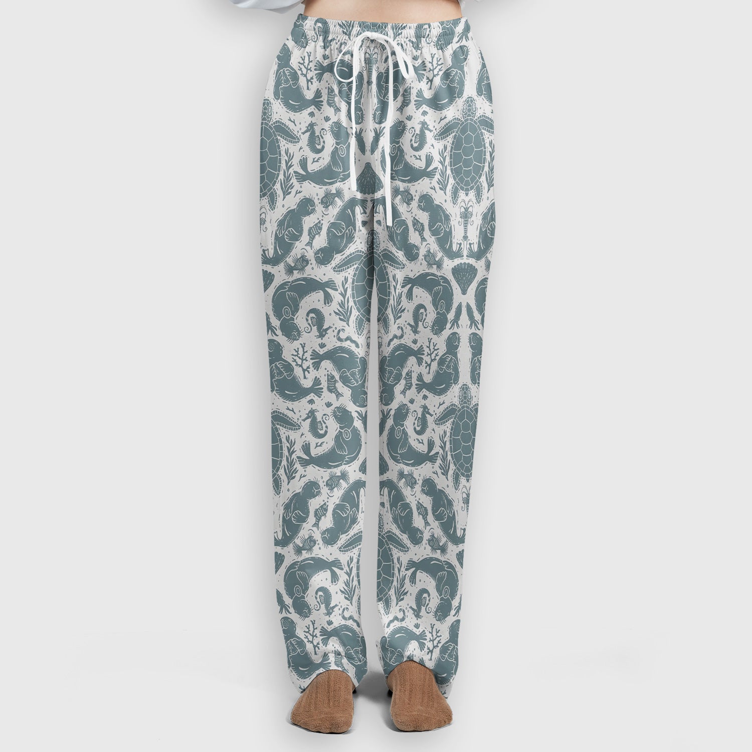 Ocean Sea Marine Life Pattern Scrub Set, Scrub Pants and V Neck Top