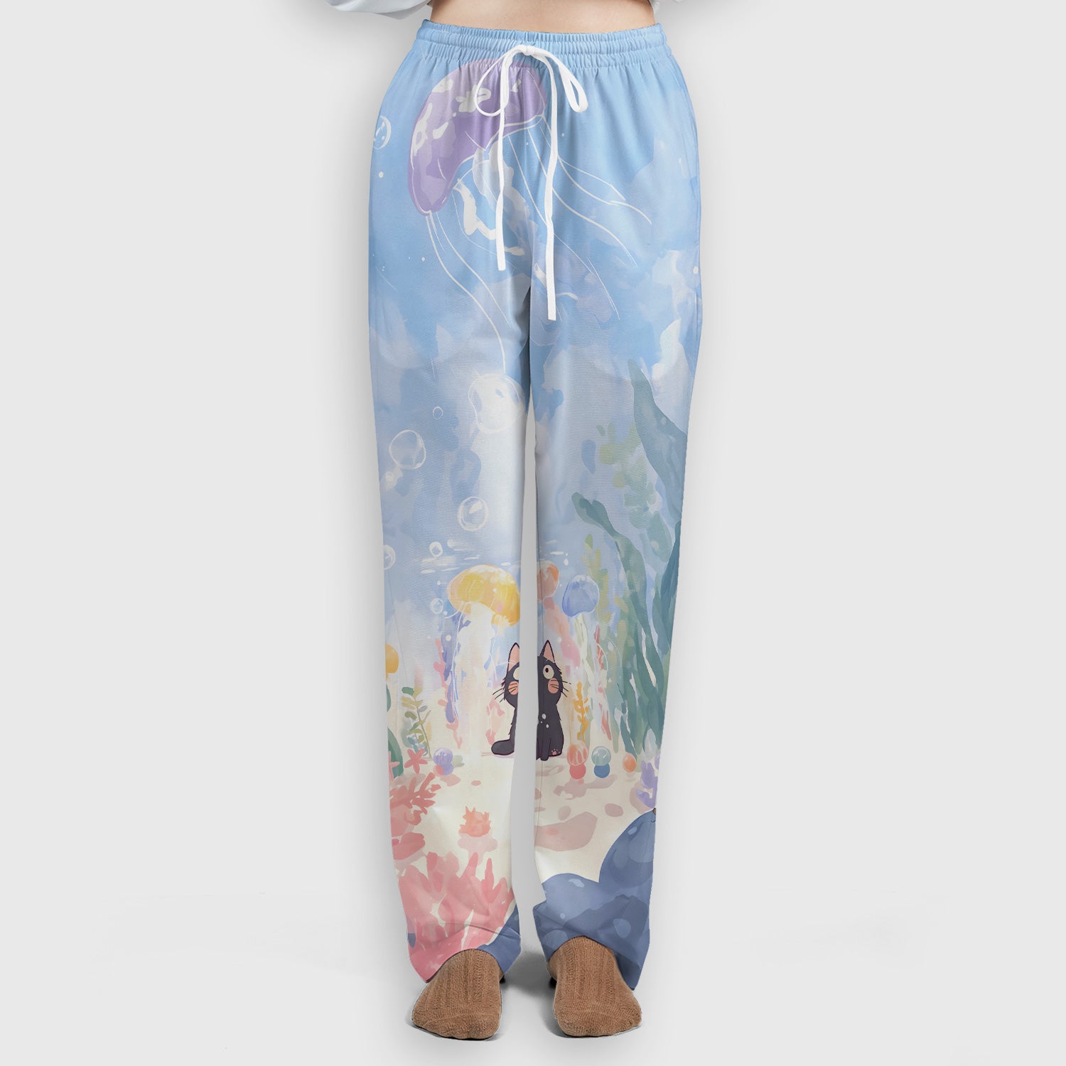 Cute Underwater Black Cat Jellyfish Pattern Scrub Set, Scrub Pants and V Neck Top