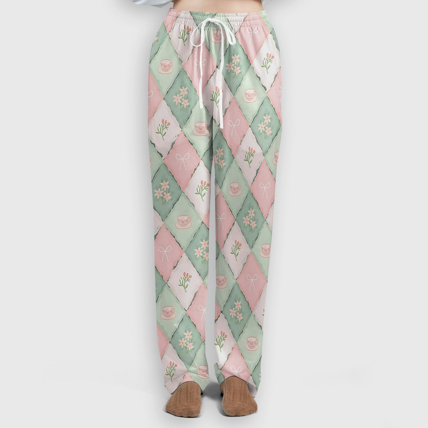Flowers Tea Cups Pattern Scrubs Sets, Scrub Pants and V Neck Top