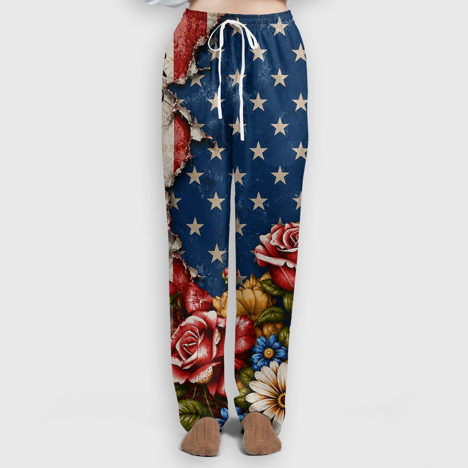 American Flag Vintage Rose Floral Pattern Scrub Set, Scrub Pants and V Neck Top