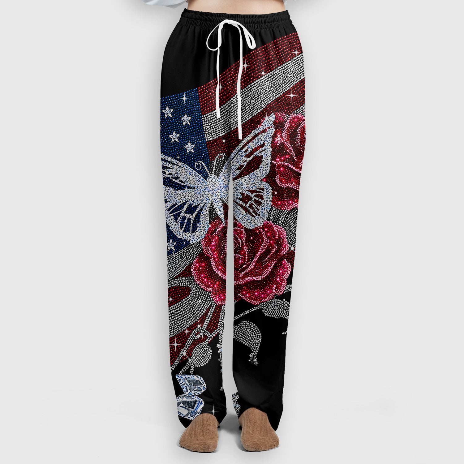 Patriotic Butterfly Rose Flag Print Scrub Set, Scrub Pants and V Neck Top
