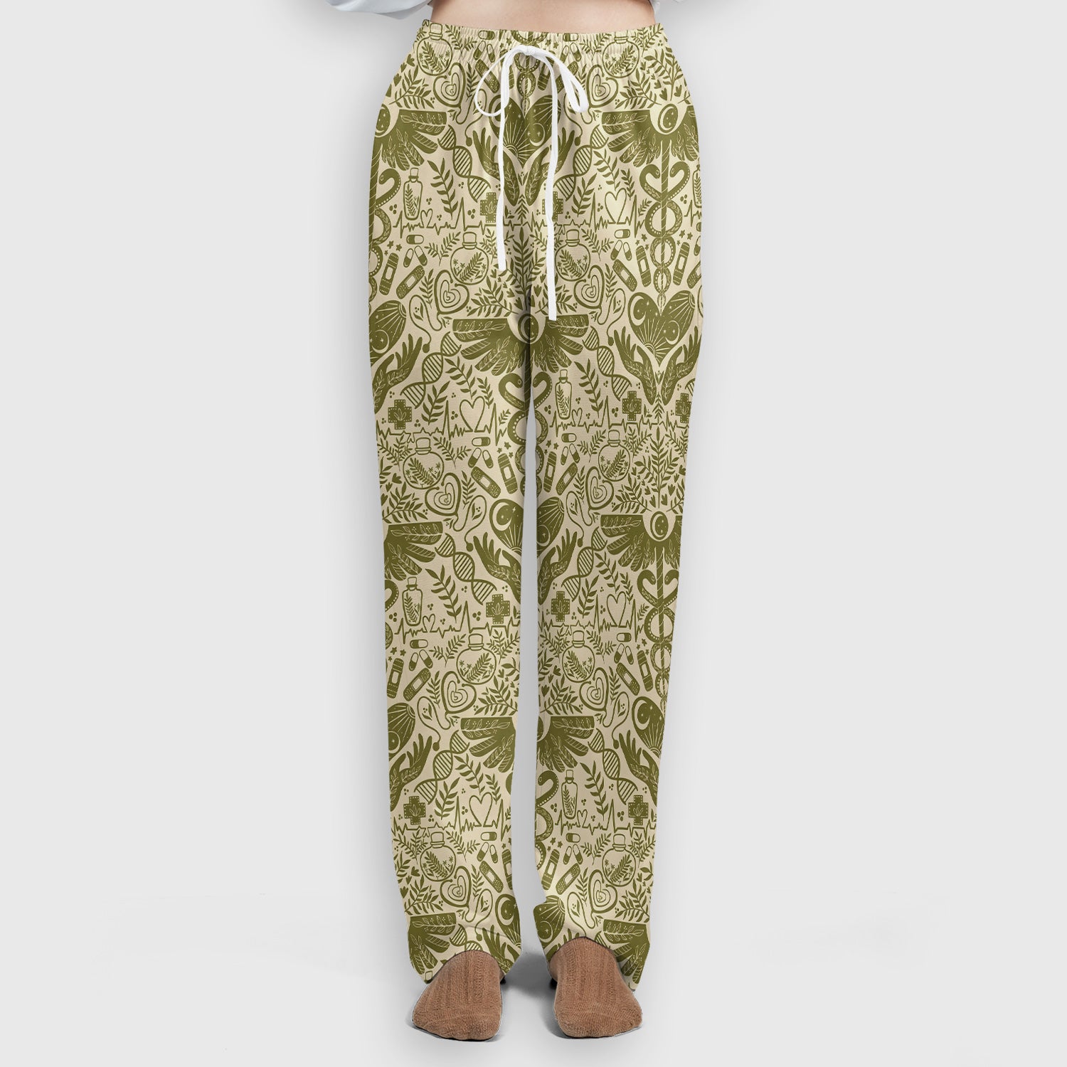 Inspirational Botanical Medical Caduceus Heart Nurse Pattern Scrub Set, Breathable Med Uniform