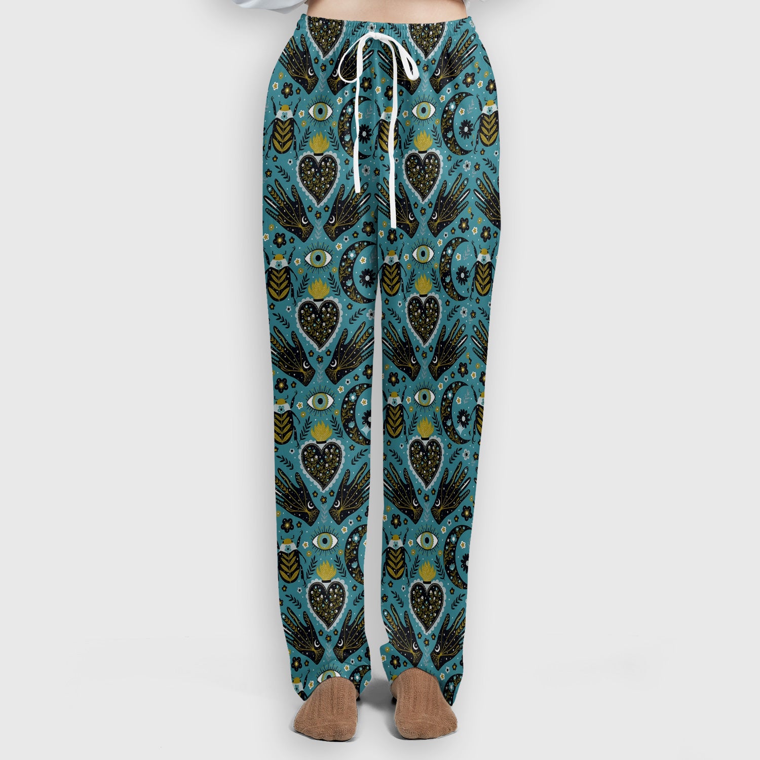 Mystic Celestial Heart & Evil Eye Pattern Scrub Set, Scrub Pants and V Neck Top
