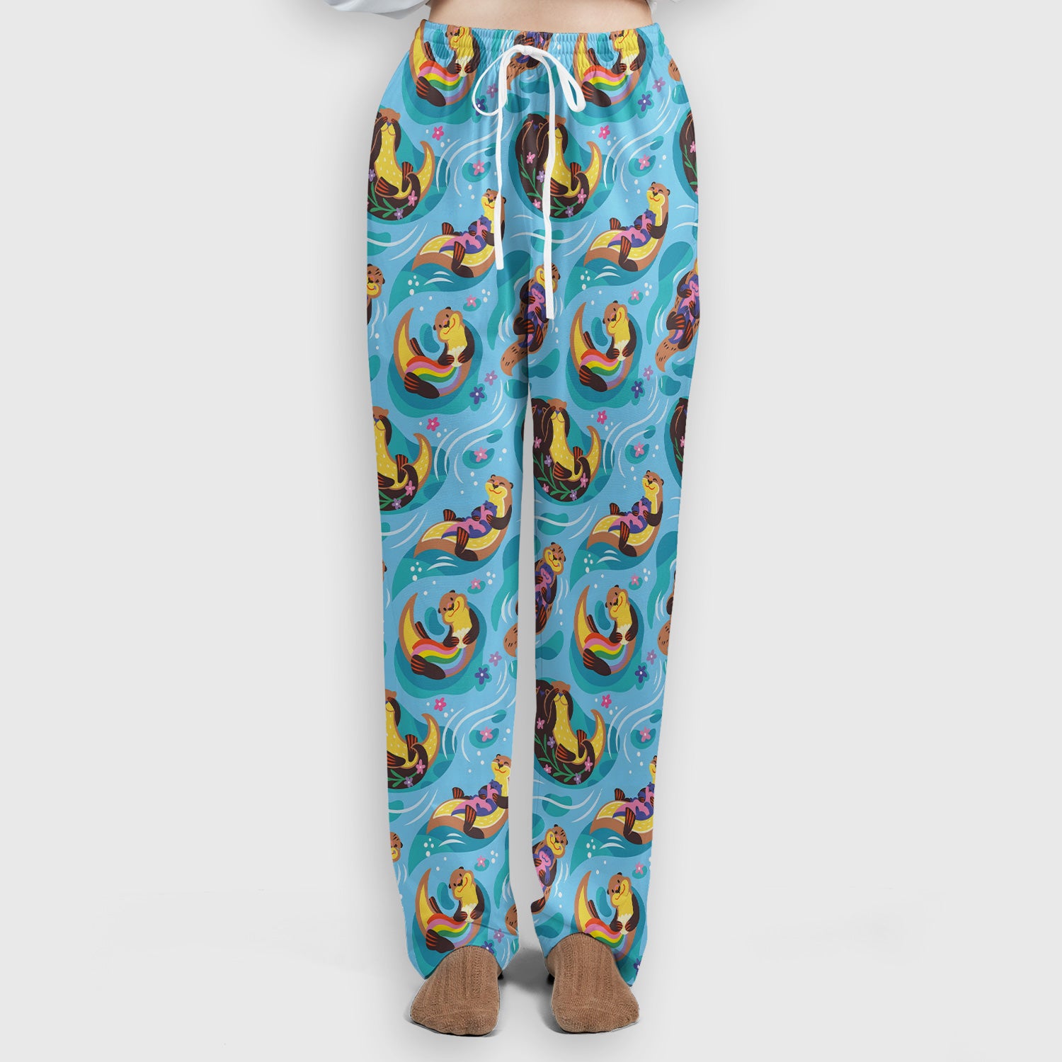 Otter Floating River Rainbow Pattern Scrub Set, Scrub Pants and V Neck Top