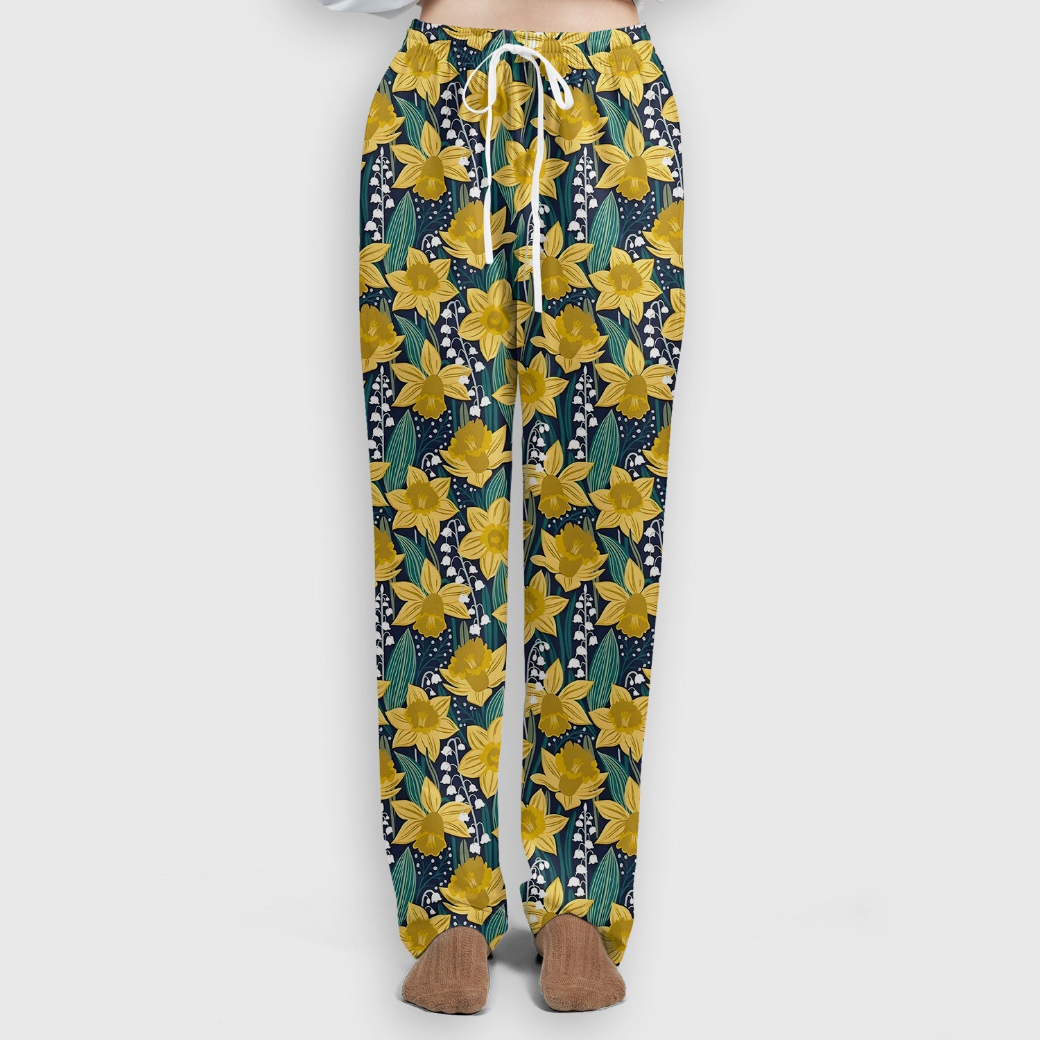 Yellow Daffodil Lily Valley Pattern Scrub Set, Scrub Pants and V Neck Top