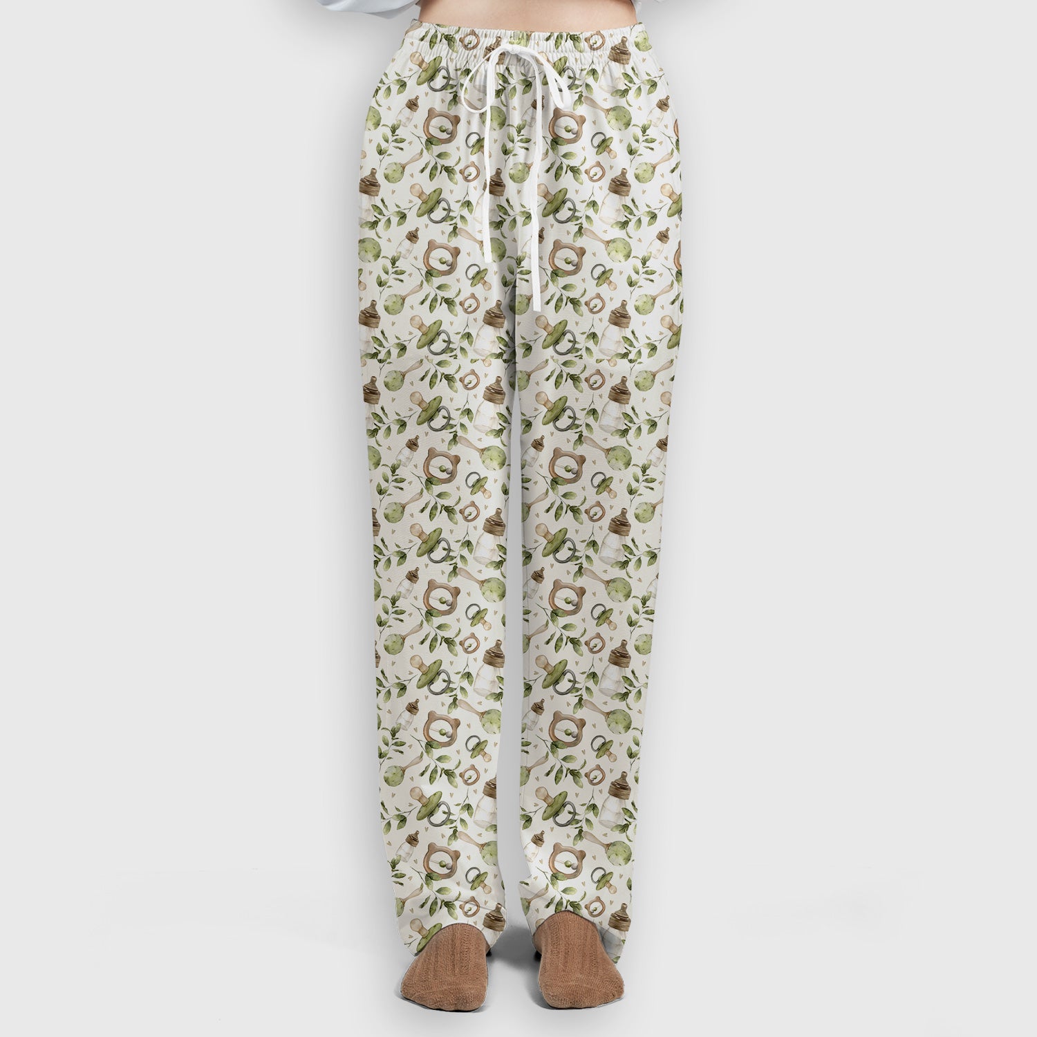 Cute Baby Bottle and Greenery Pattern Scrub Set, Breathable Med Uniform