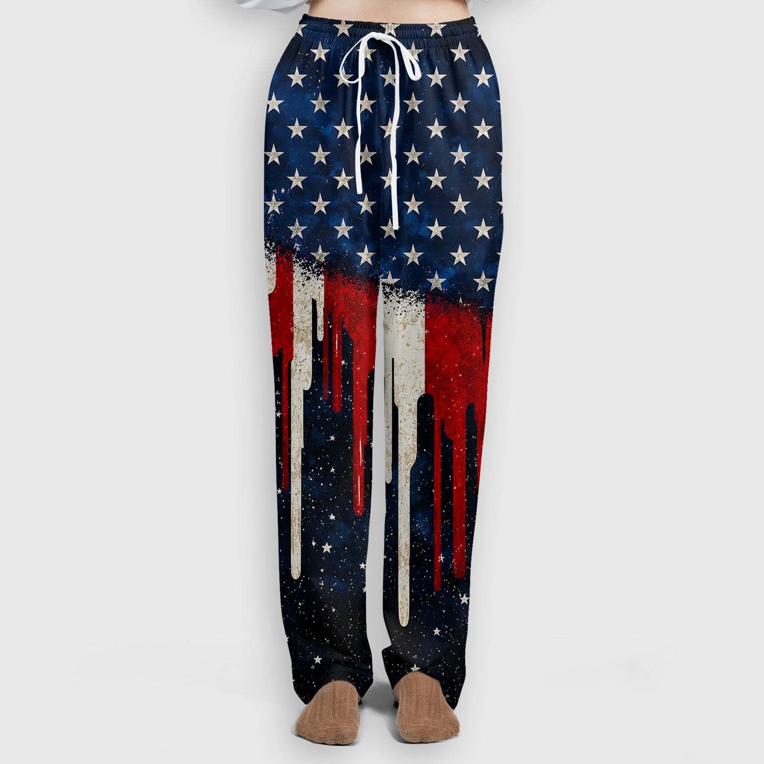 Festive Patriotic Dripping Flag Pattern Scrub Set, Scrub Pants and V Neck Top