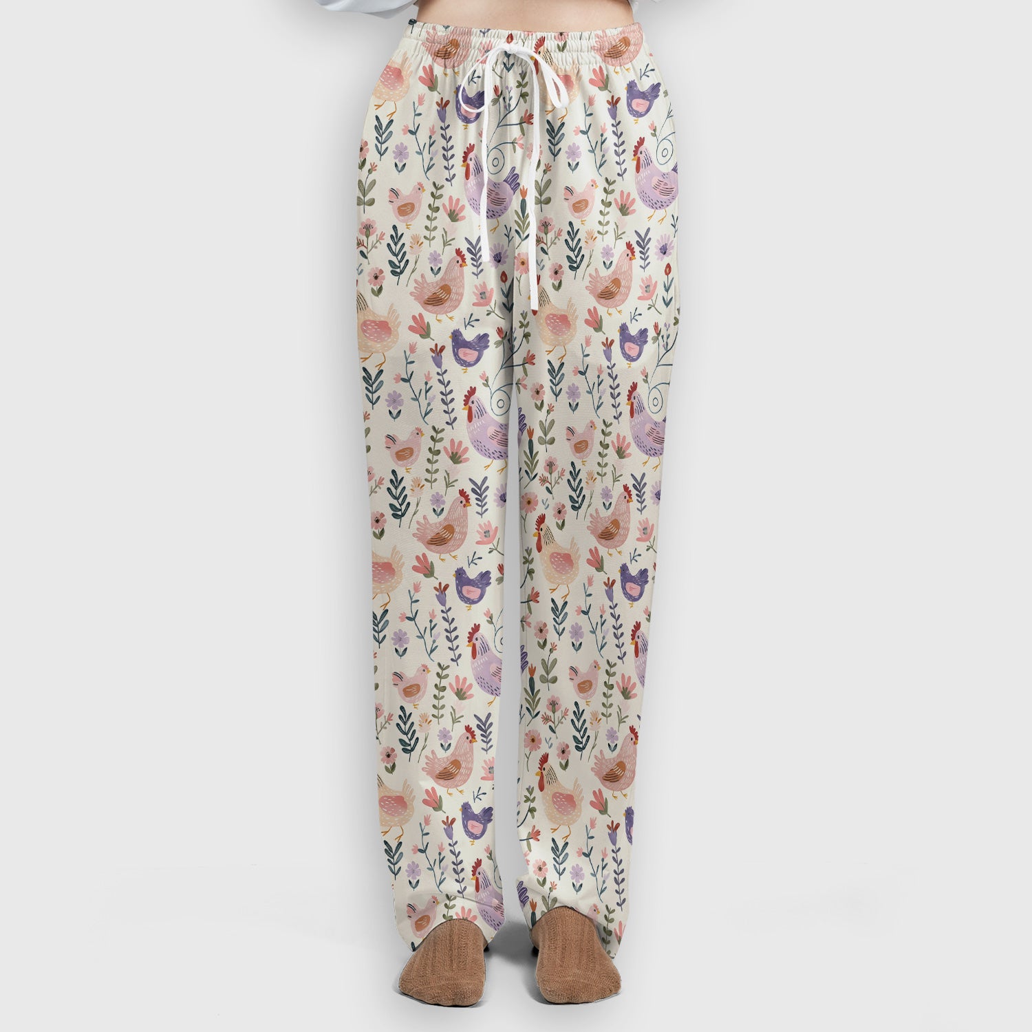 Cute Farm Chicken Floral Garden Pattern Scrub Set, Scrub Pants and V Neck Top