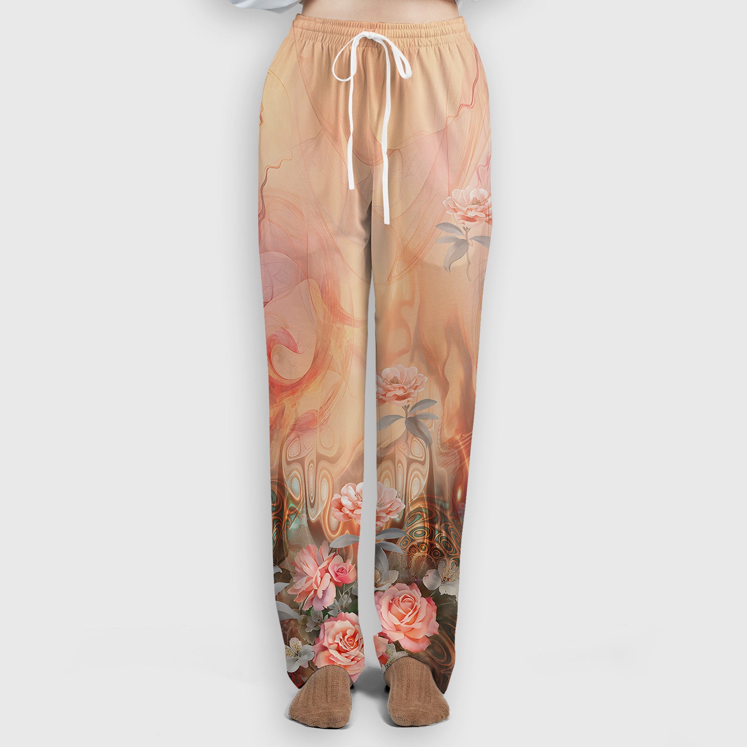 Elegant Peach Marble Rose Pattern Scrub Set, Scrub Pants and V Neck Top