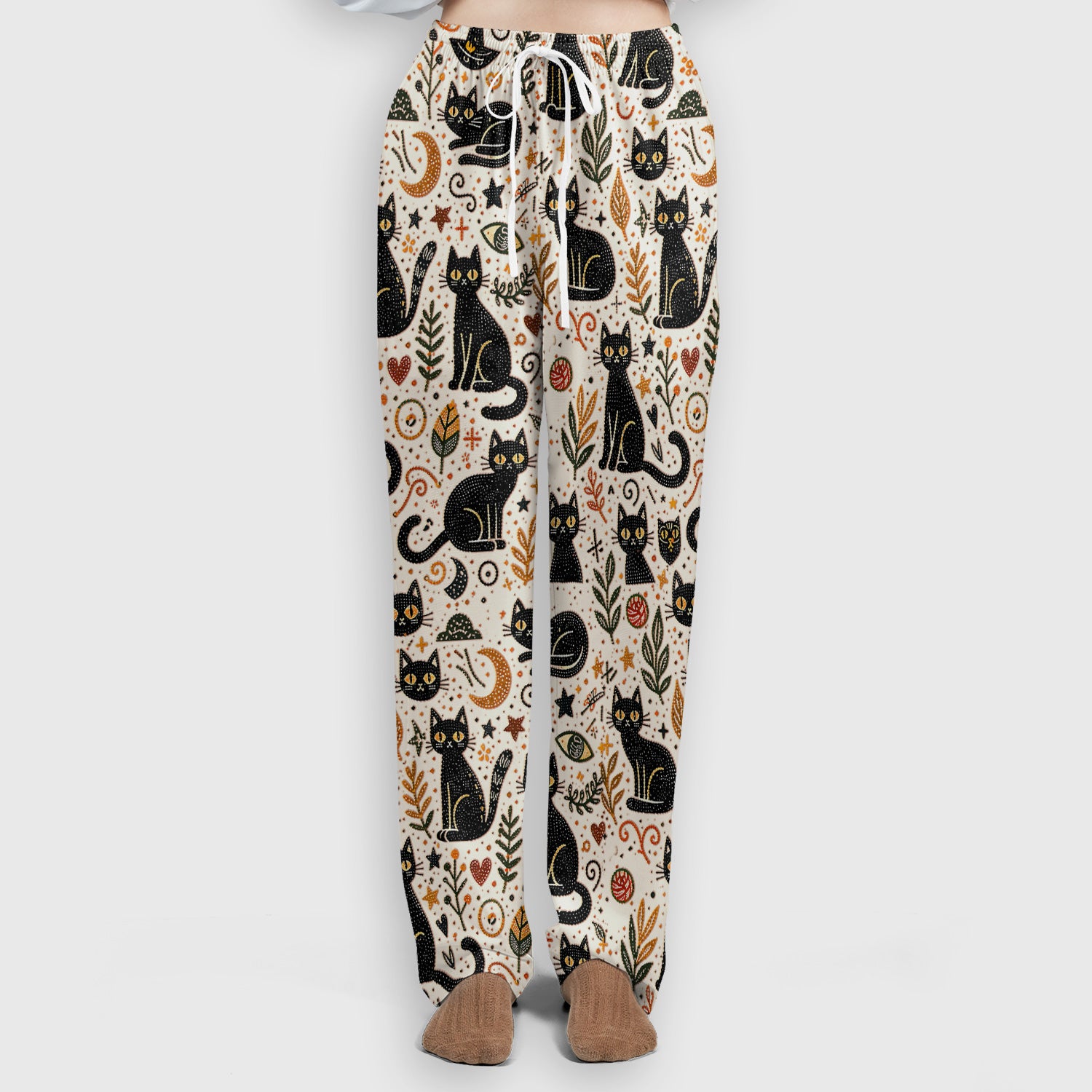 Mystic Black Cat Celestial Doodle Pattern Scrub Set, Scrub Pants and V Neck Top