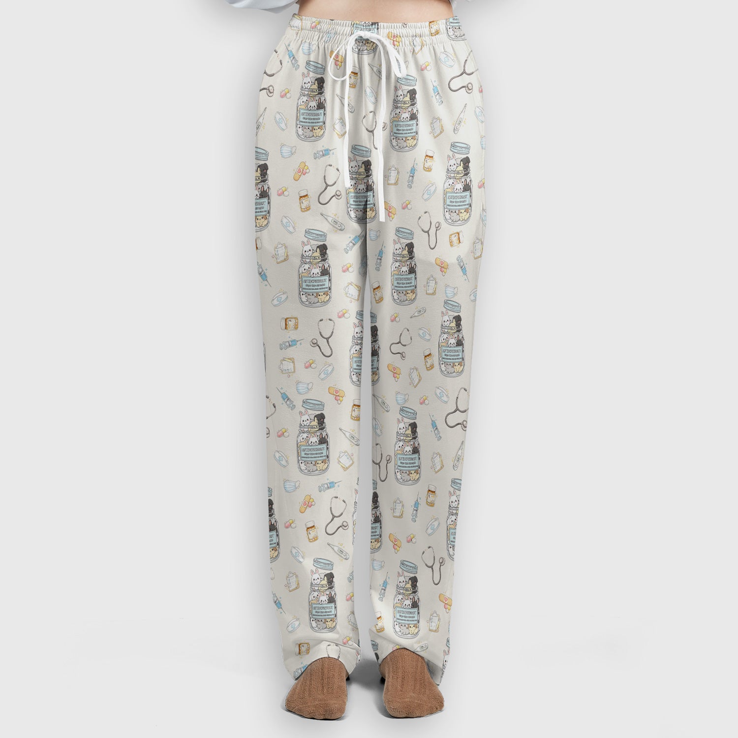 Whimsical Antidepressant Rabbit Jar Design Scrub Set, Scrub Pants and V-Neck Top