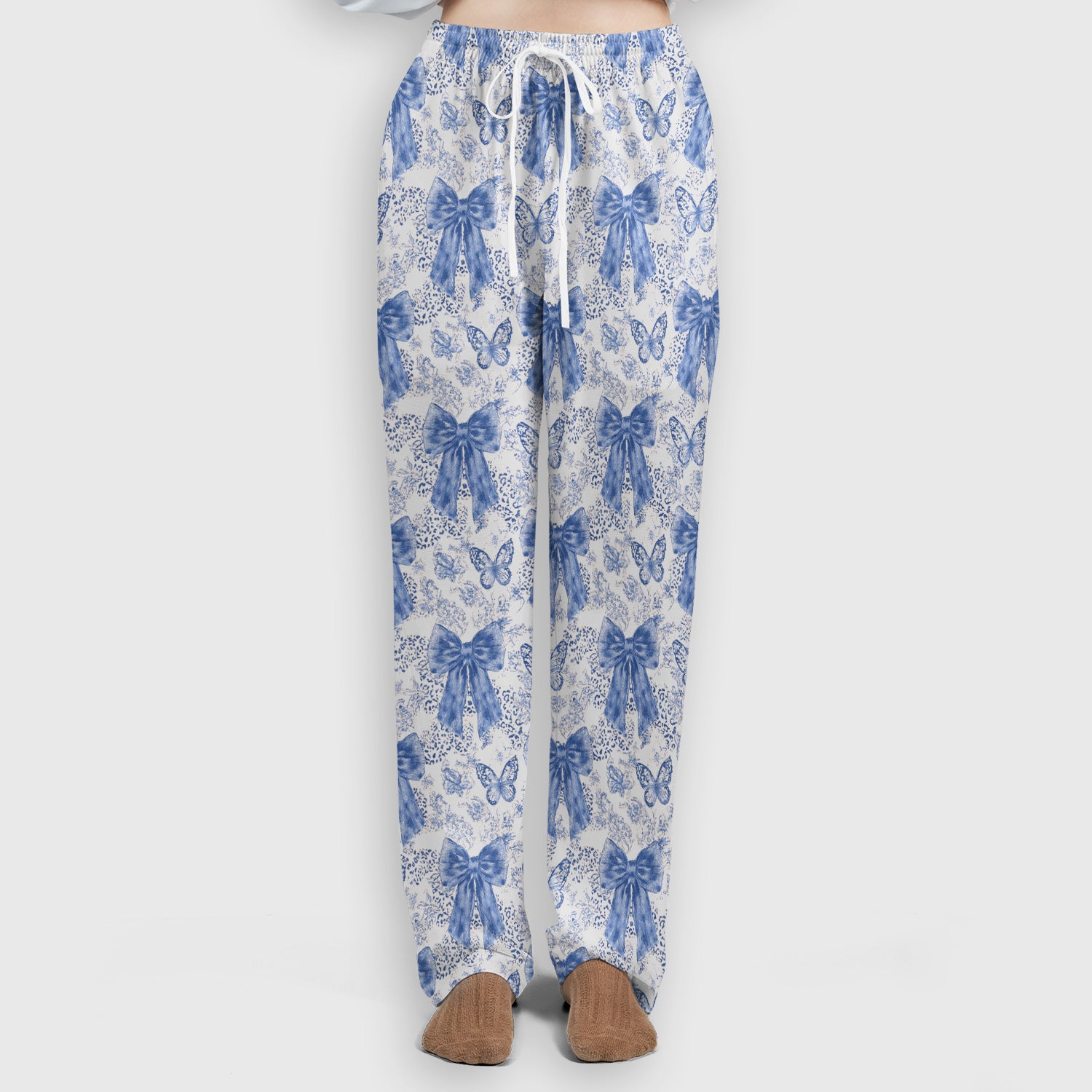 Blue Bow And Butterfly Vintage Floral Scrub Set, Scrub Pants and V Neck Top