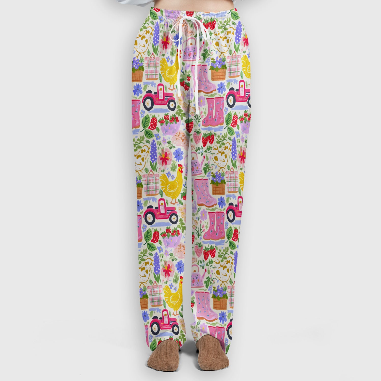 Cute Farm Garden Chicken Pattern Scrub Set, Scrub Pants and V Neck Top