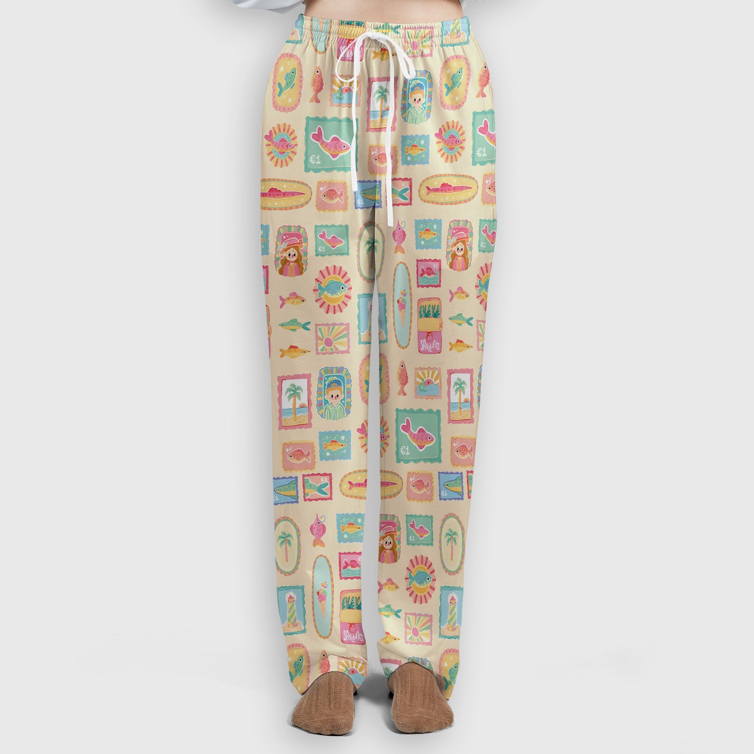 Coastal Vintage Postage Stamp Pattern Scrub Set, Scrub Pants and V Neck Top