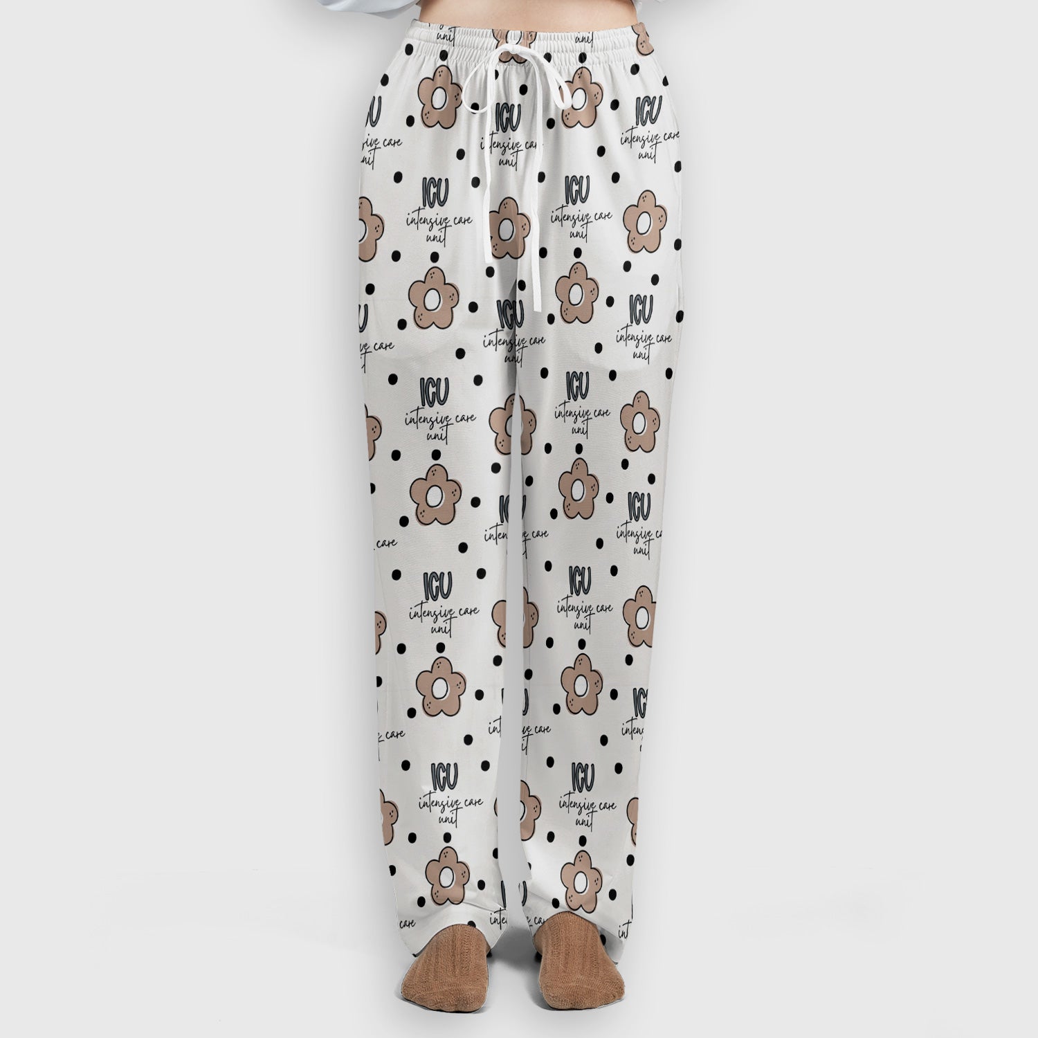 Cute ICU Nurse Flower Polka Dot Pattern Scrub Set, Scrub Pants and V Neck Top