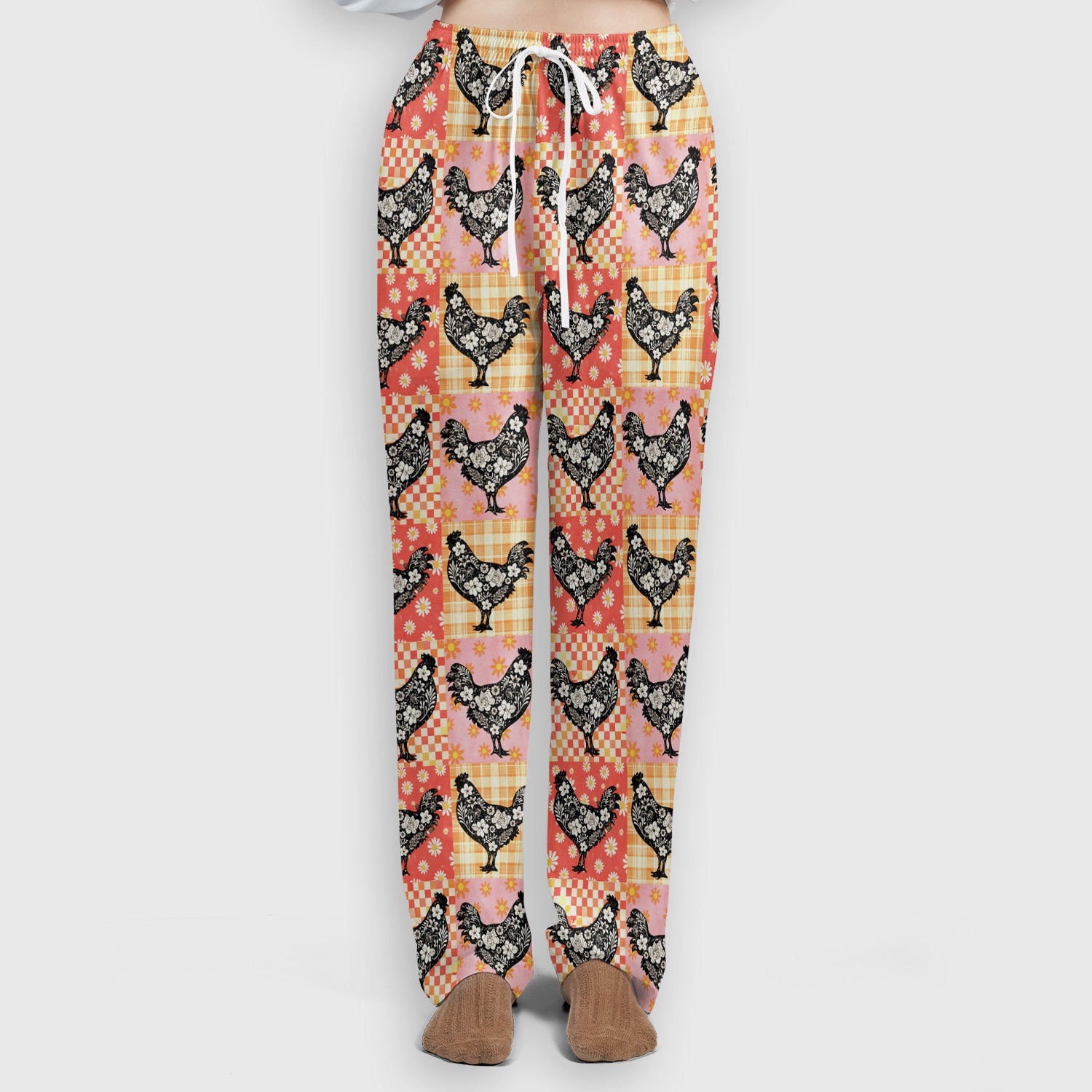 Cute Floral Chicken Patchwork Print Scrub Set, Scrub Pants and V Neck Top