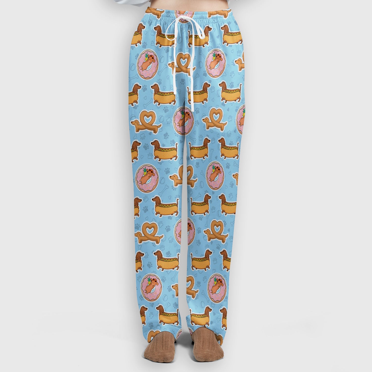 Cute Dachshund Donut Heart Pattern Scrub Set, Scrub Pants and V Neck Top