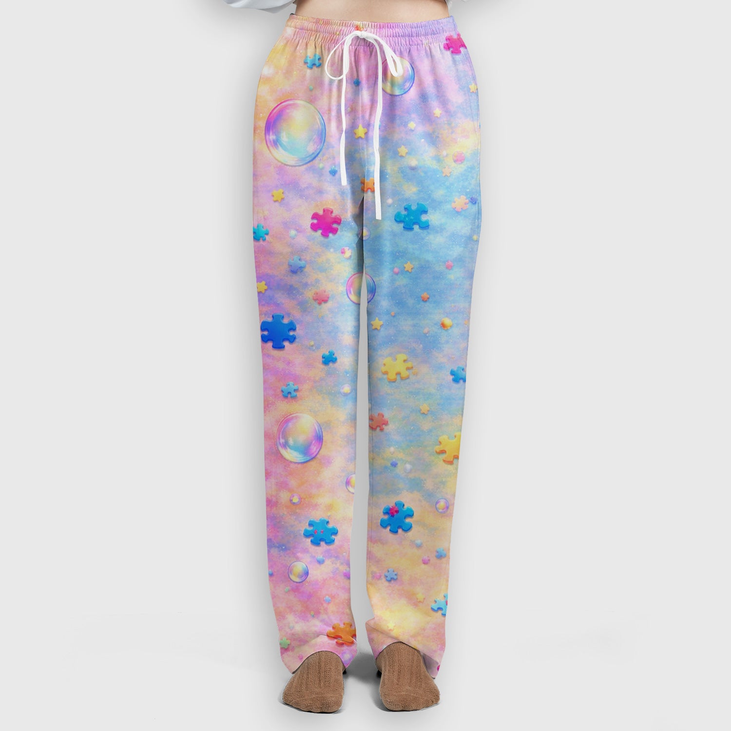 Autism Puzzle Sea Turtle Pastel Rainbow Print Scrub Set, Scrub Pants and V Neck Top