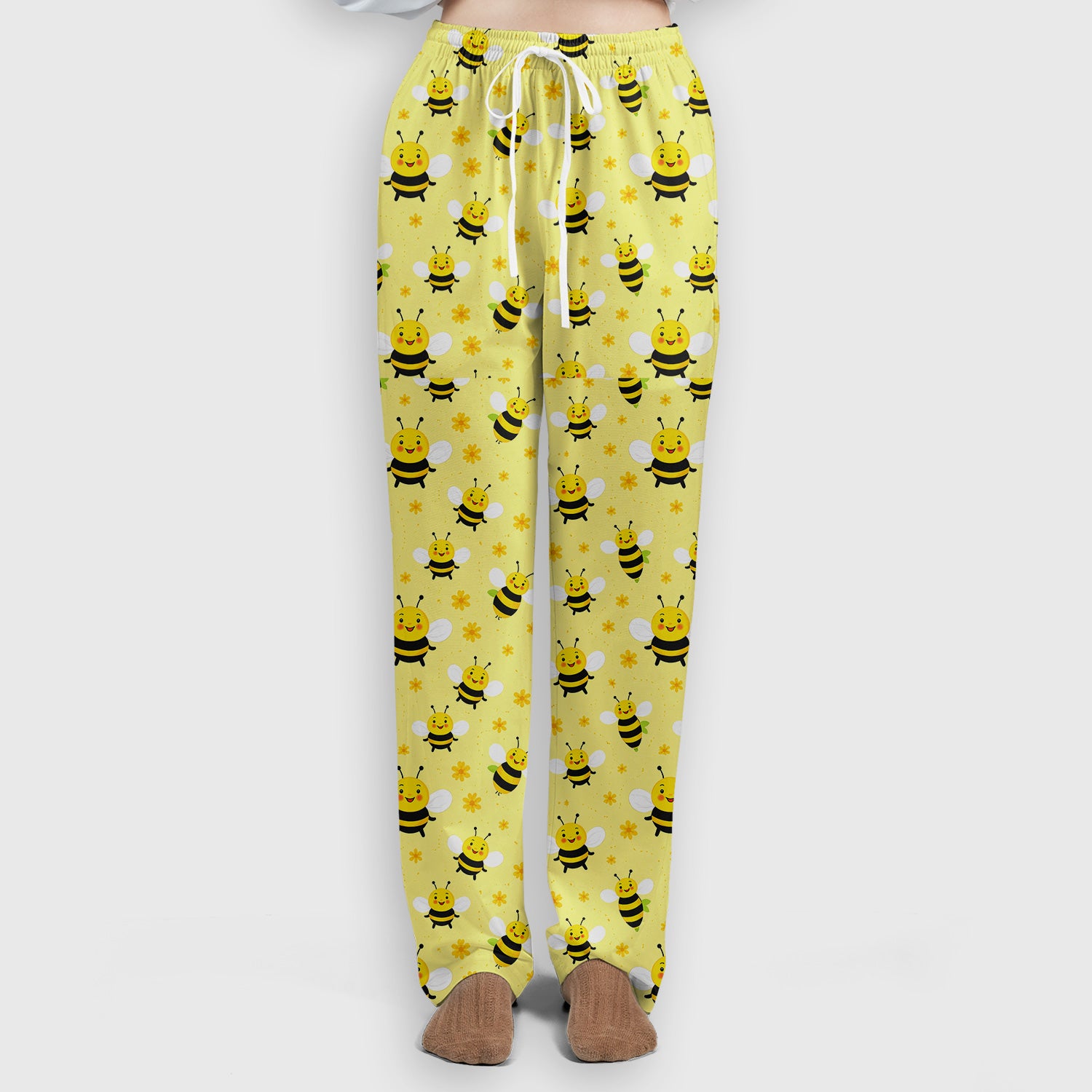 Cute Smiling Bee Yellow Floral Print Sets, Breathable Med Uniform