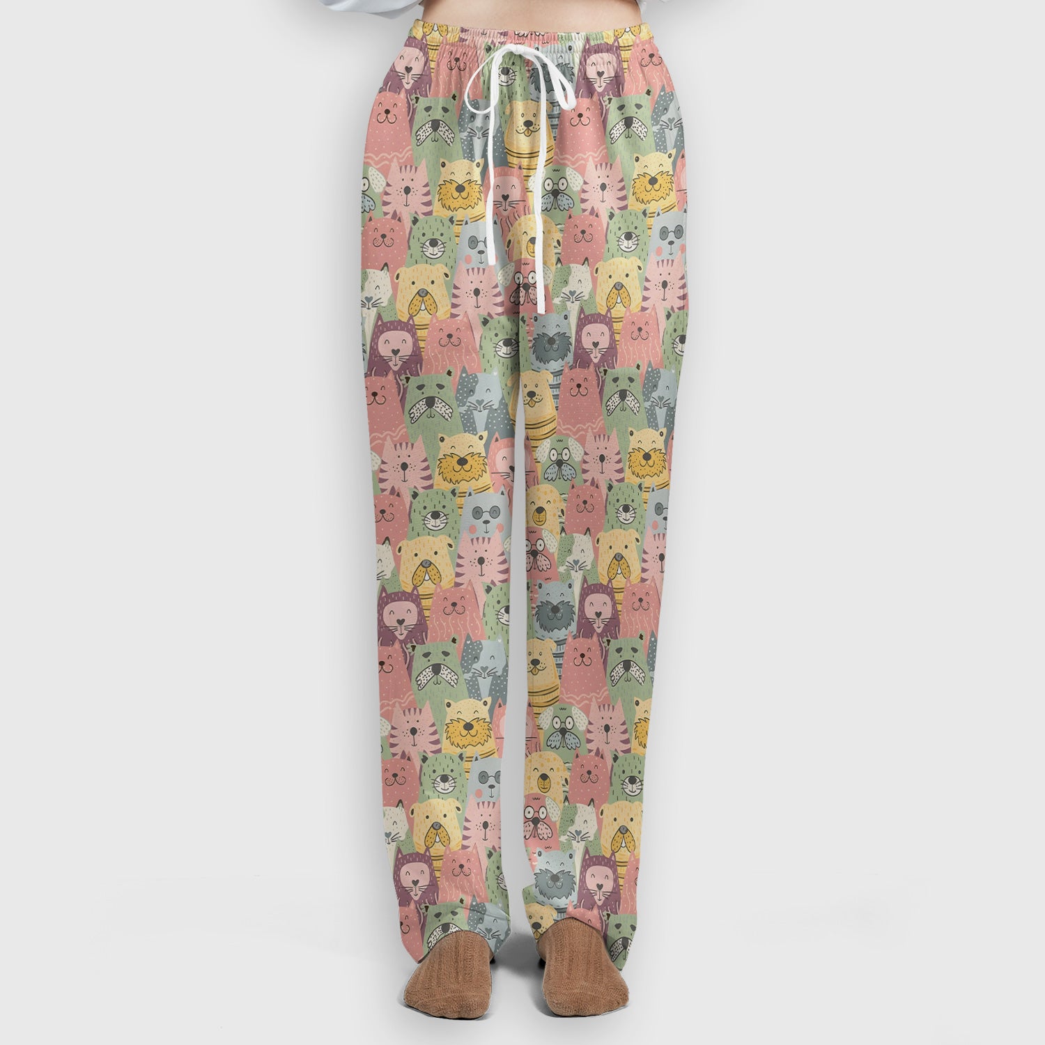 Cartoon Cat & Dog Faces Pattern Scrub Set, Scrub Pants and V Neck Top