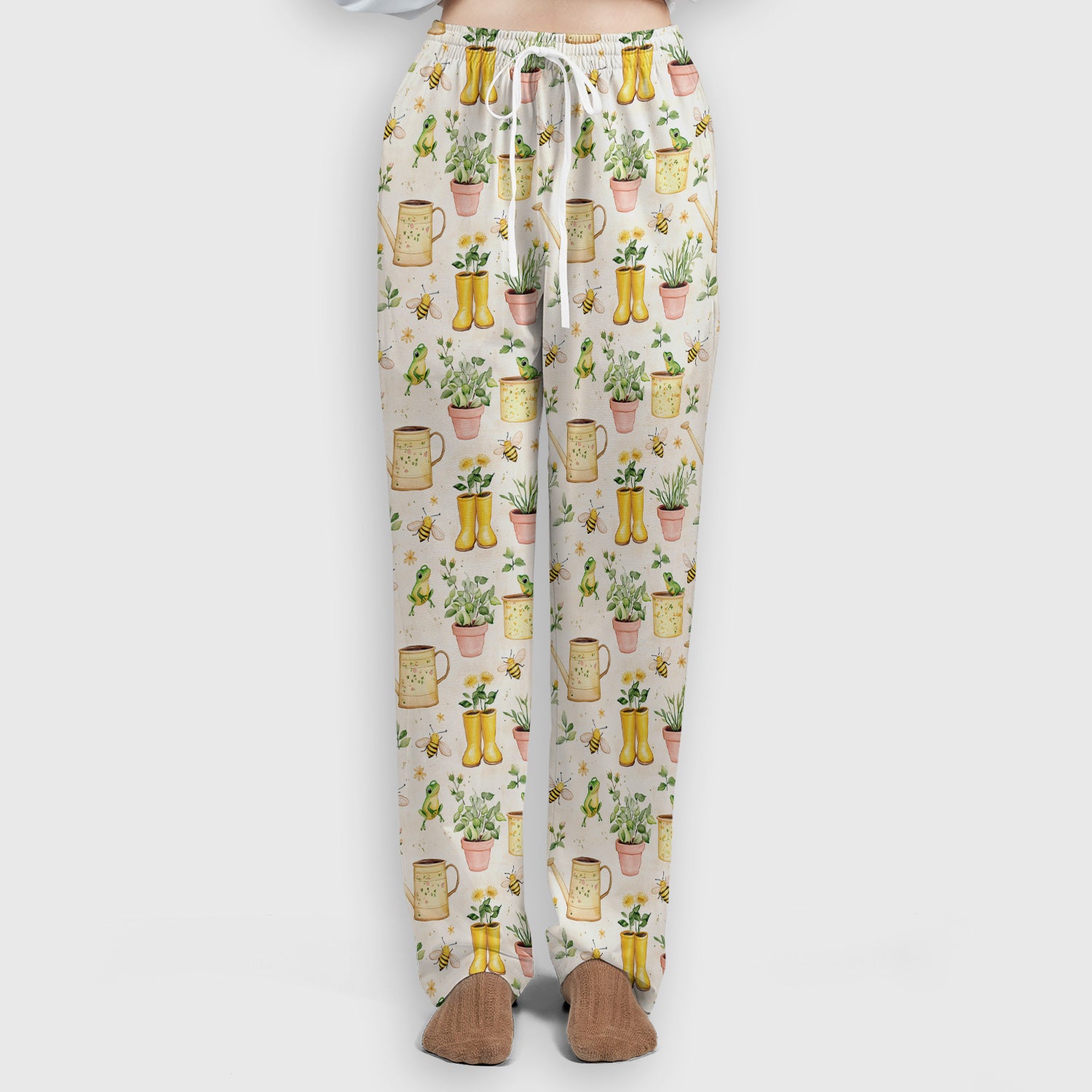 Cute Nurse Frog And Bee Garden Pattern Scrub Set, Scrub Pants and V Neck Top