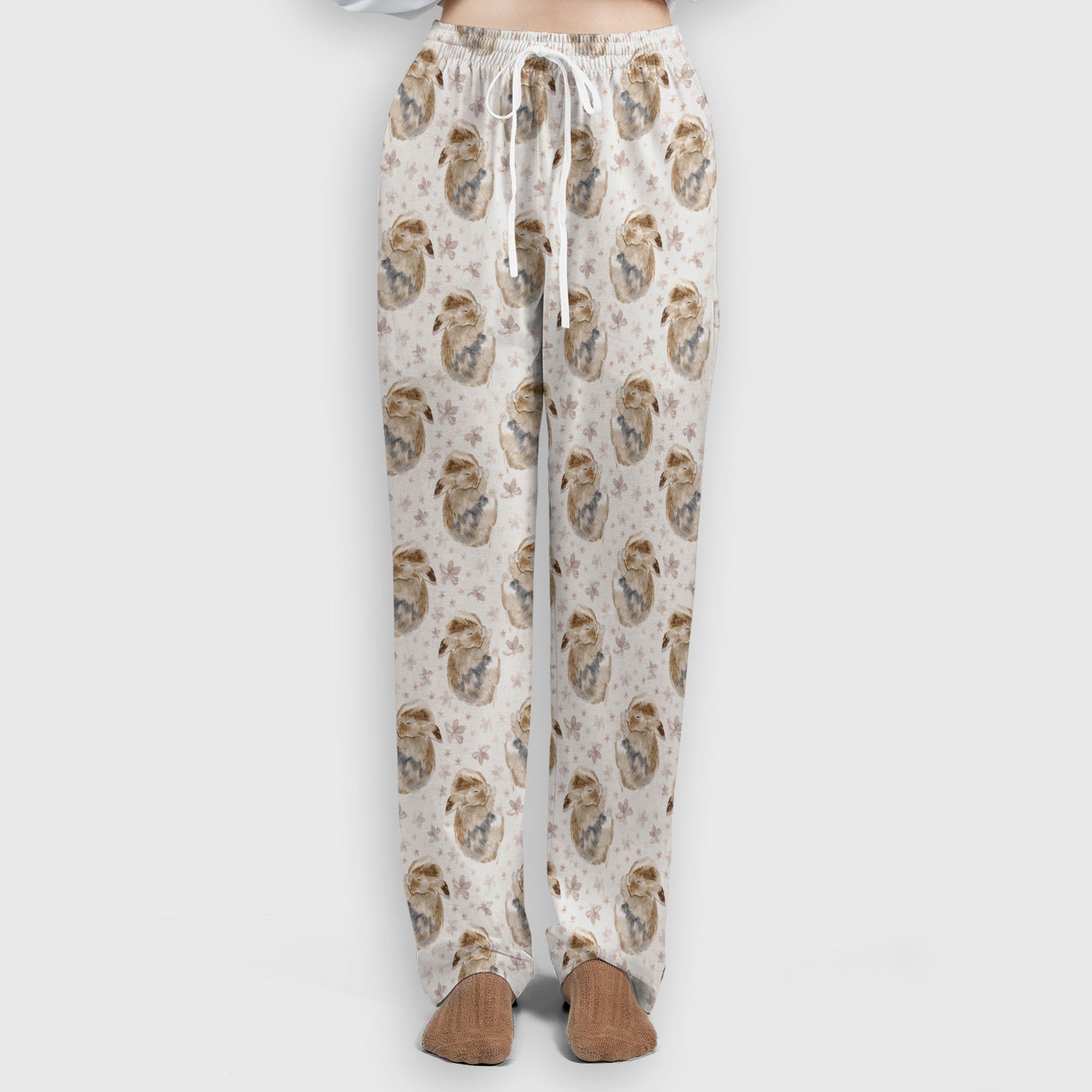 Cute Sleeping Bunny Floral Meadow Pattern Nurse Scrub Set, Scrub Pants and V Neck Top