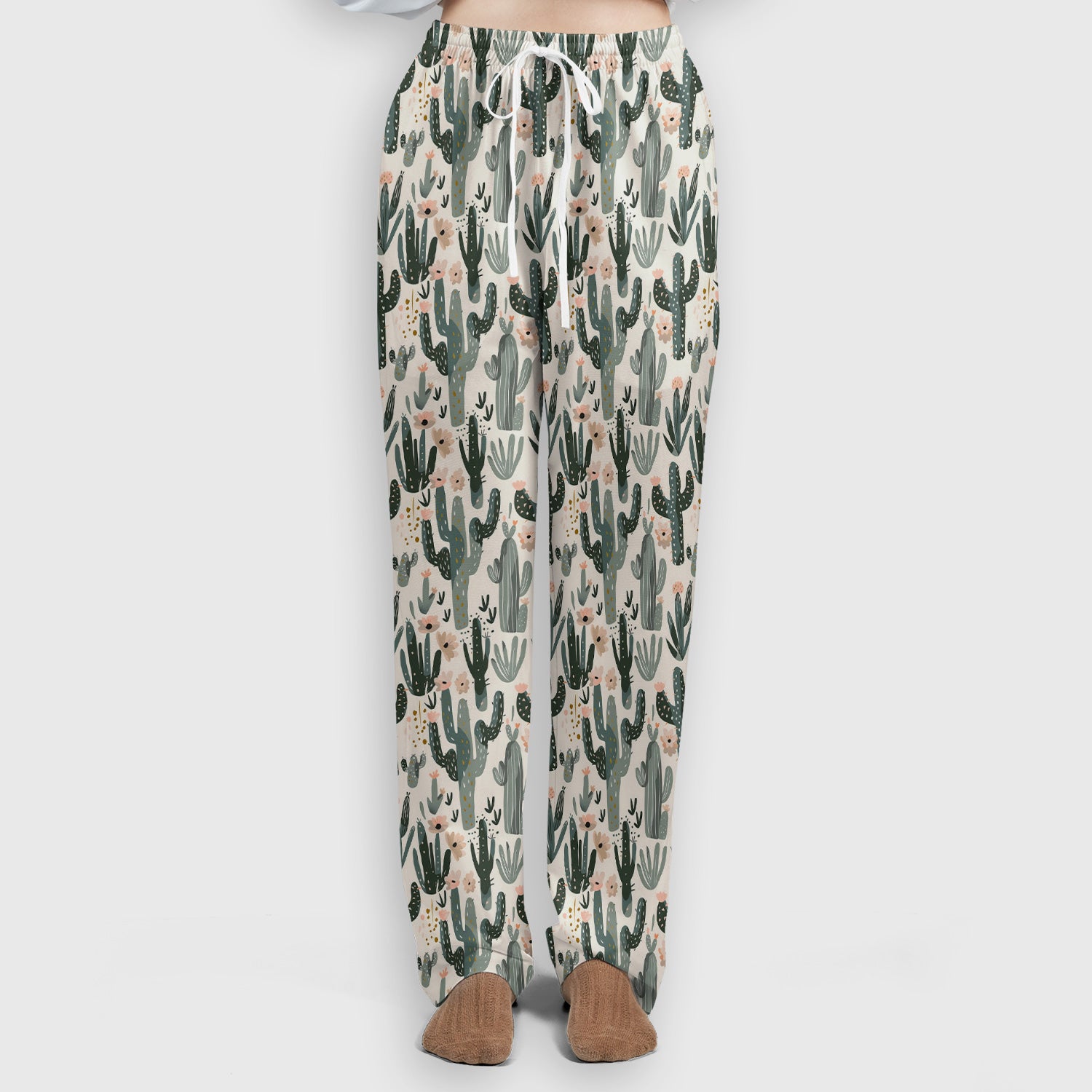 Green Cactus Desert Blossom Pattern Scrub Set, Scrub Pants and V Neck Top