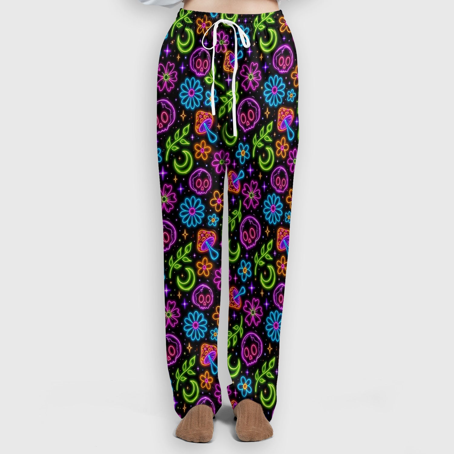 Neon Skull Mushroom Floral Scrub Set, Colorful Gothic Scrub Pants and V Neck Top