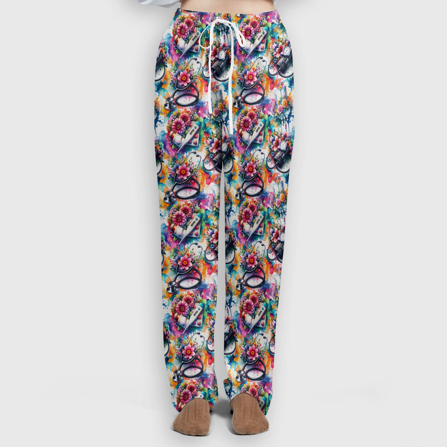Colorful Medical Tools Floral Pattern Scrub Set, Scrub Pants and V Neck Top