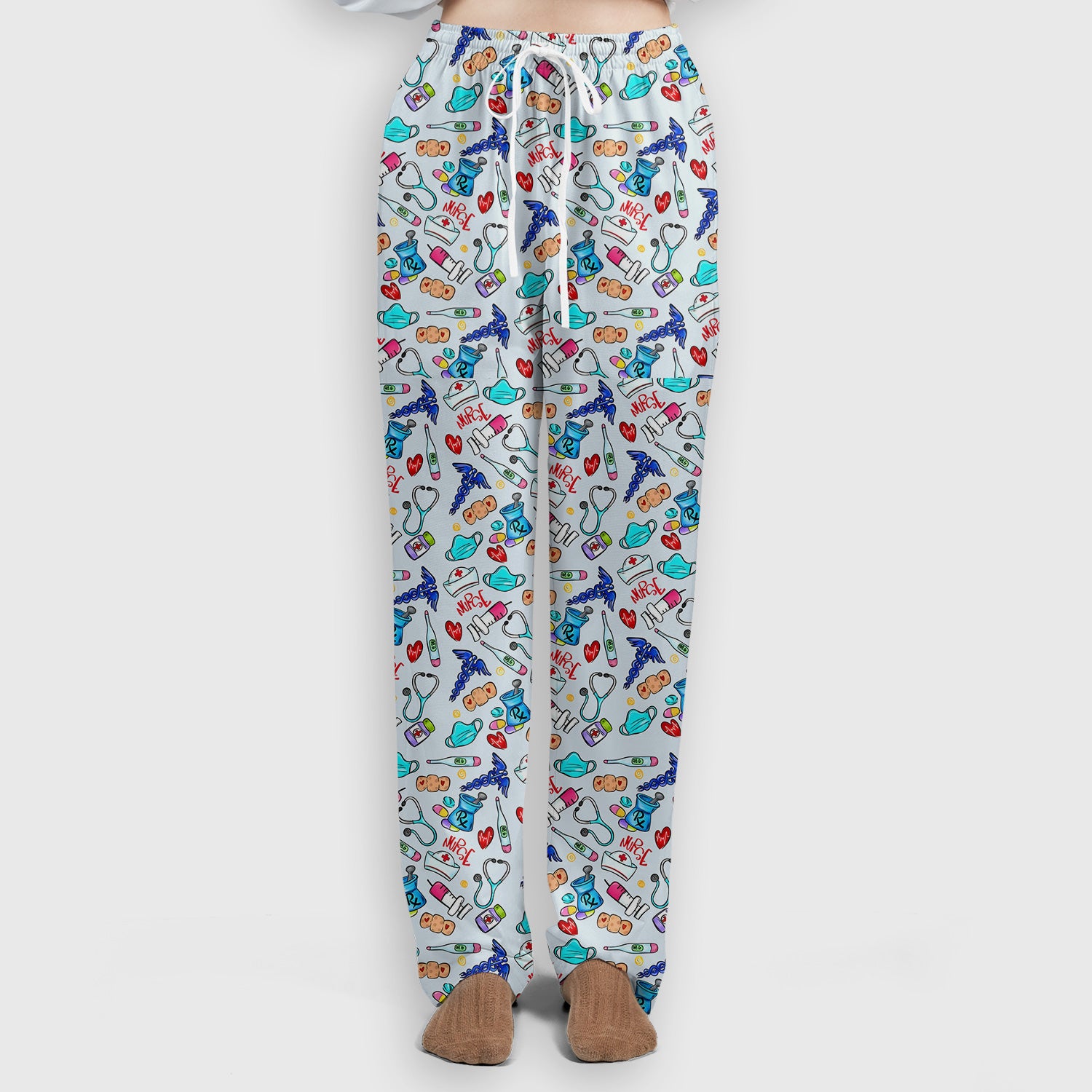 Nurse Medical Icons Stethoscope Heart Pattern Scrub Set, Scrub Pants and V Neck Top