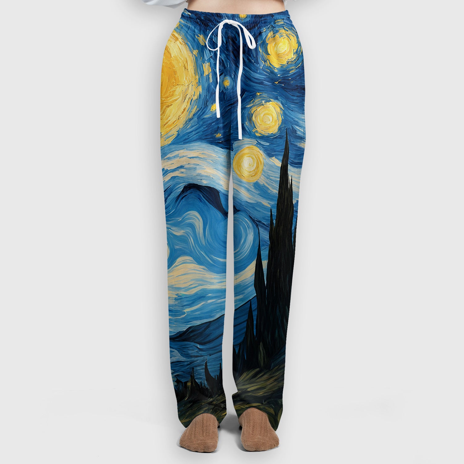 Swirling Moonlit Cat Scene Print Scrub Set, Scrub Pants and V Neck Top