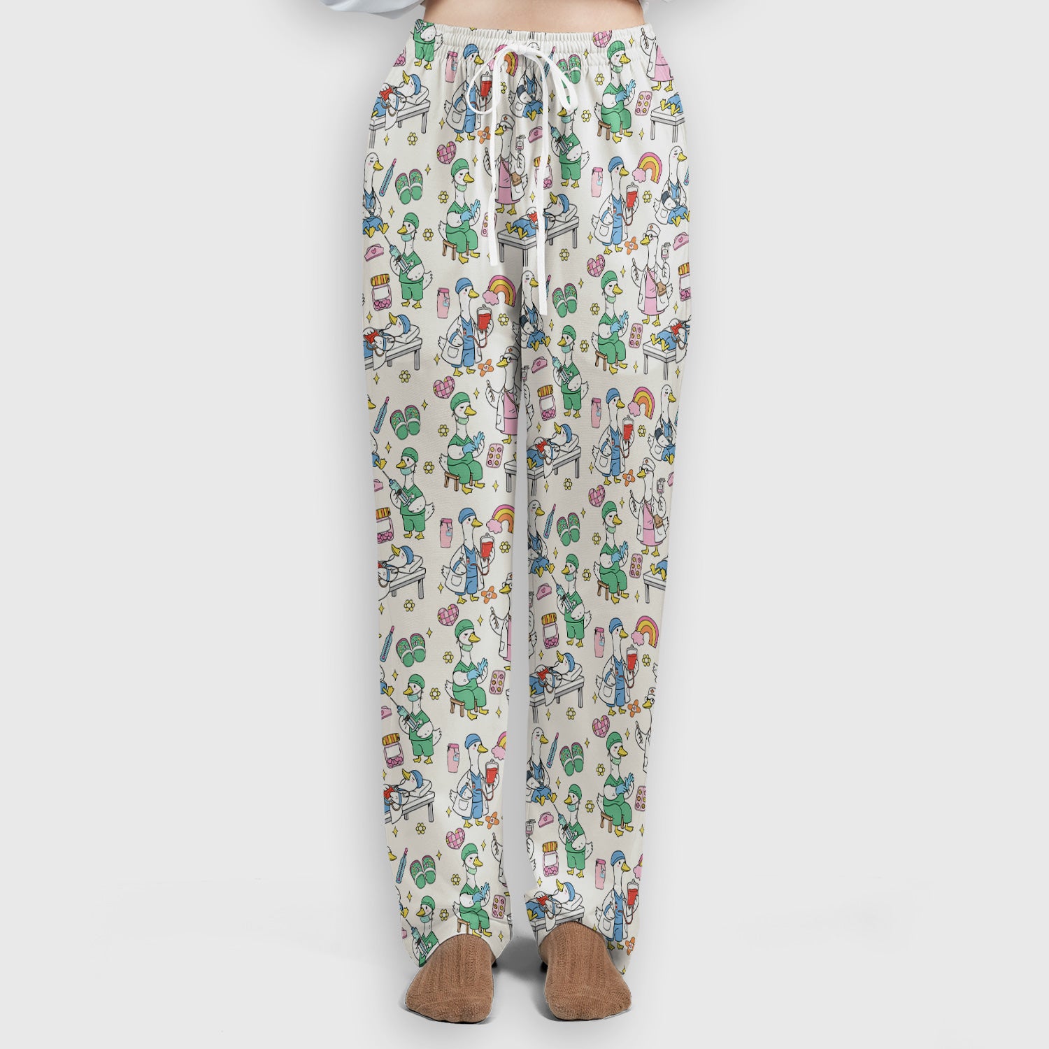 Funny Nurse Duck Medical Doodle Pattern Scrub Set, Scrub Pants and V Neck Top