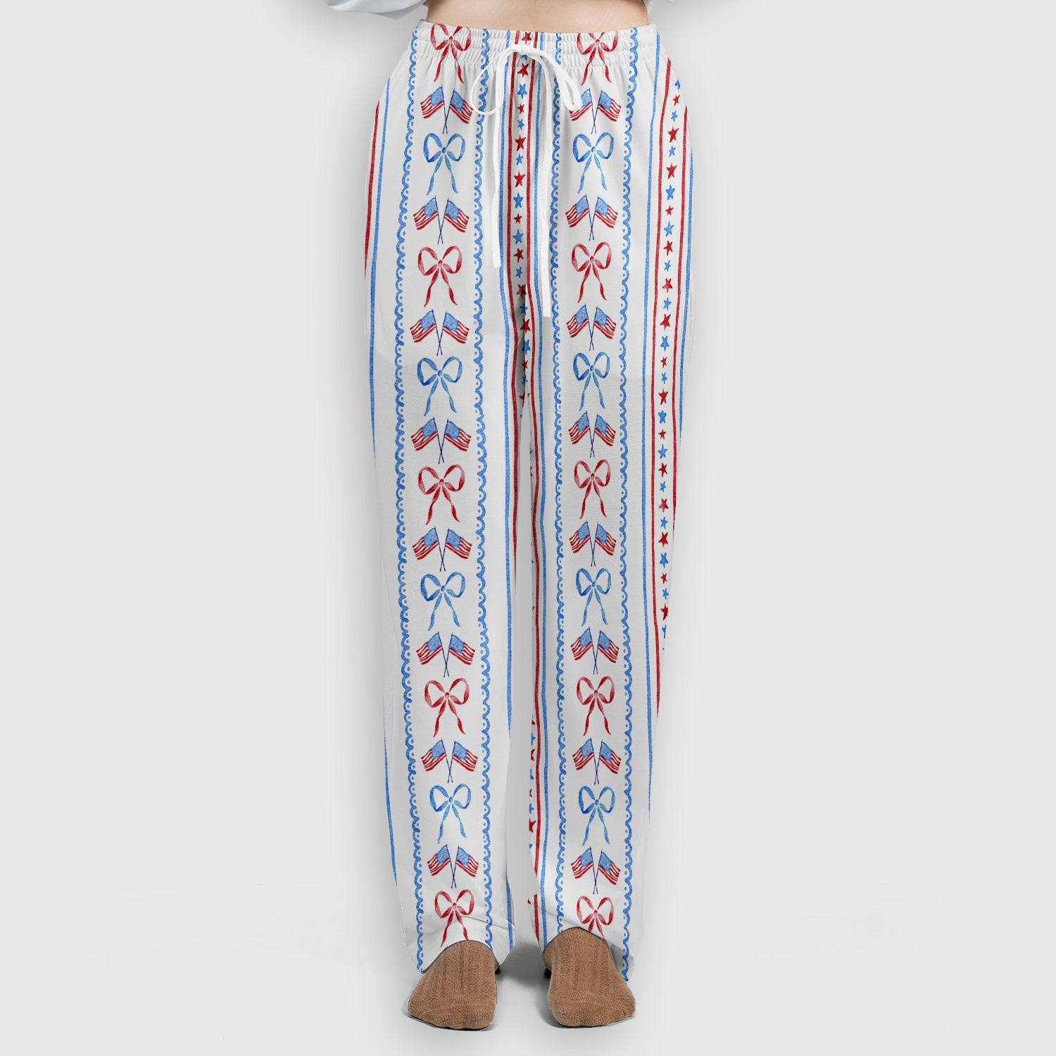 Patriotic USA Flag Bow Stripe Pattern Scrub Set, Scrub Pants and V Neck Top