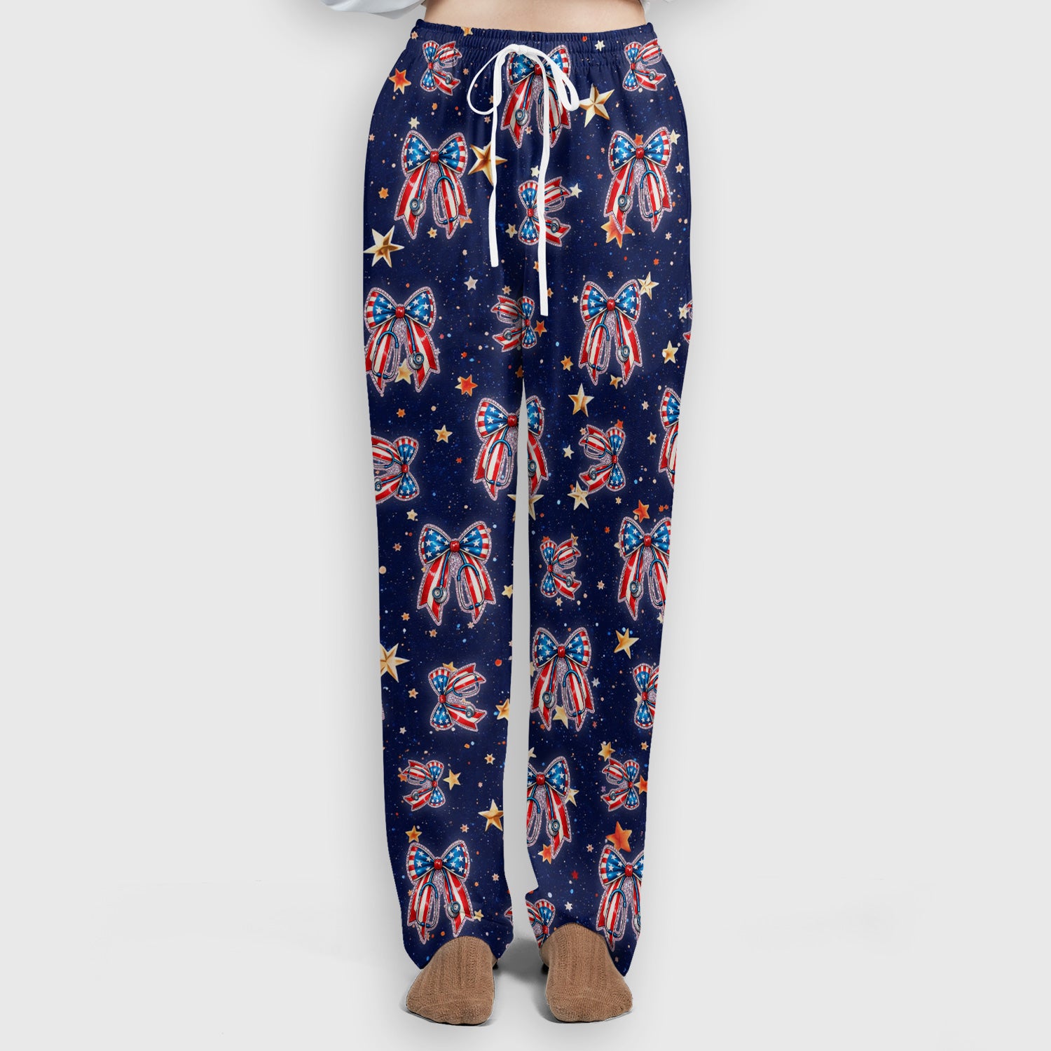 Patriotic Bow Star Print Women's Scrub Set, Breathable Med Uniform
