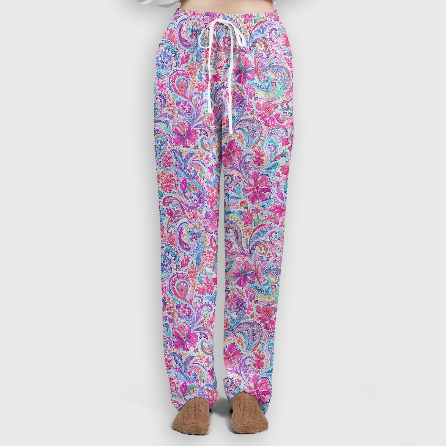 Elegant Pink Paisley Blossom Pattern Scrub Set, Scrub Pants and V Neck Top