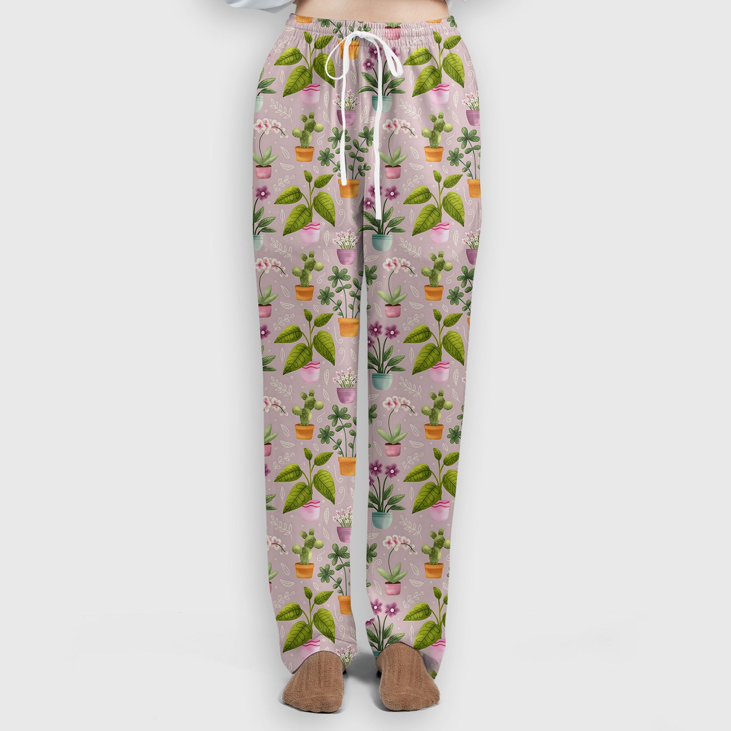Potted Plant Orchid Cactus Pattern Scrub Set, Scrub Pants and V Neck Top