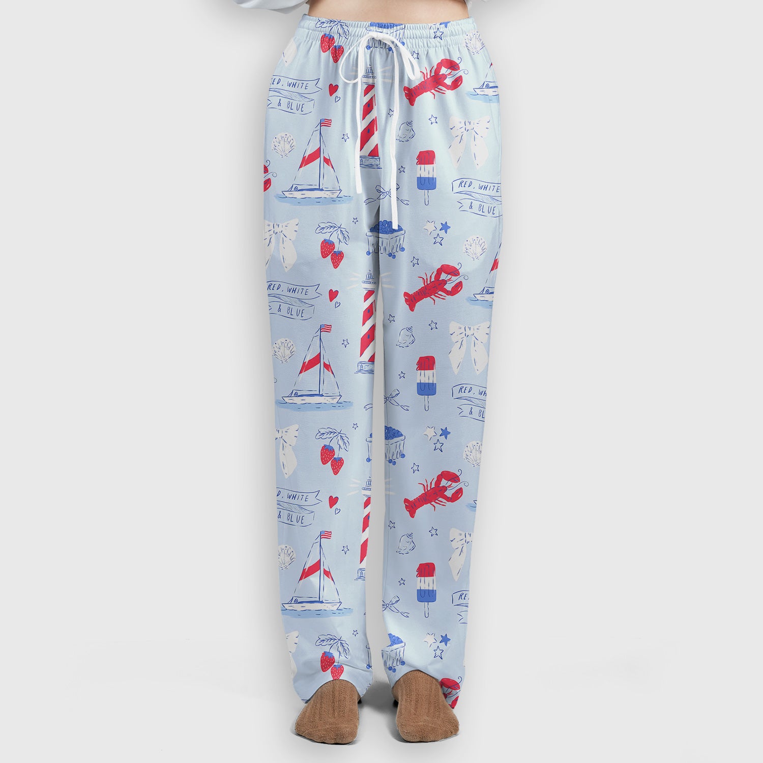 Lobster Lighthouse Sailboat Pattern Scrub Set, Scrub Pants and V Neck Top