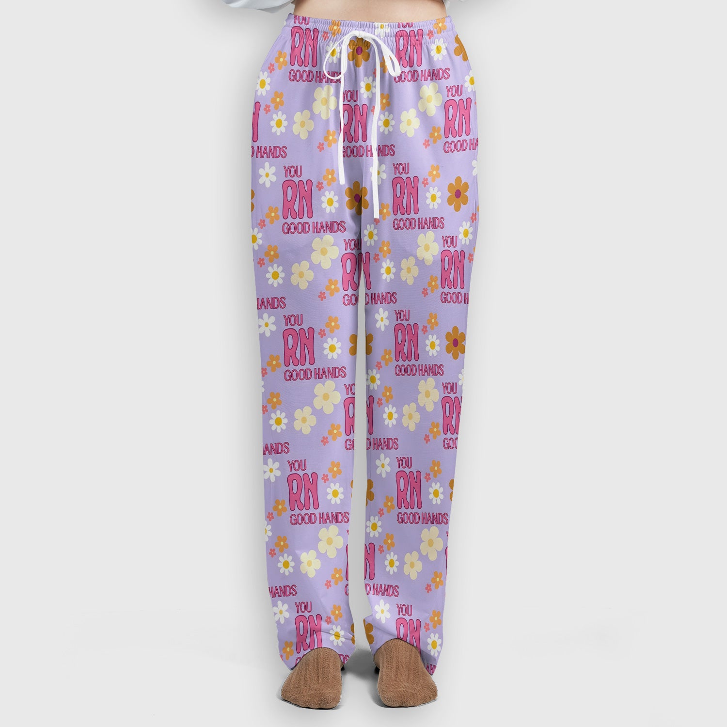 You RN Good Hands Floral Daisy Pattern Scrub Set, Scrub Pants and V Neck Top