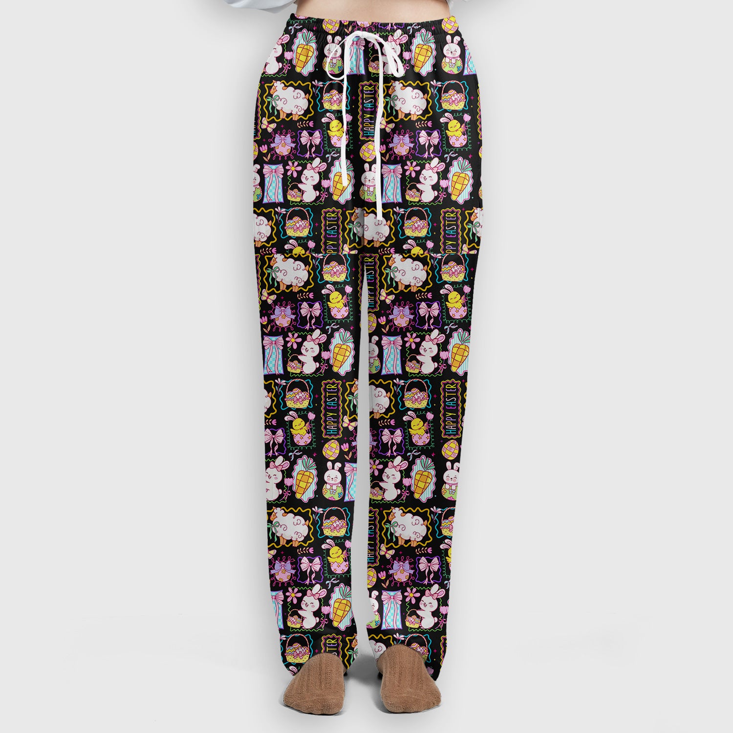 Cute Easter Bunny Egg and Bow Print Scrub Set, Scrub Pants and V Neck Top