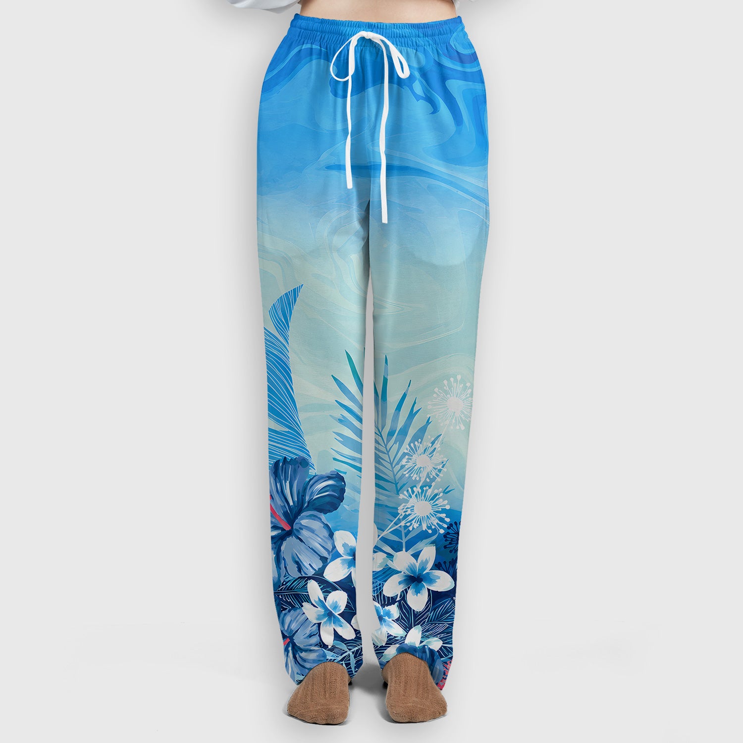 Elegant Blue Tropical Floral Pattern Scrub Set, Scrub Pants and V Neck Top