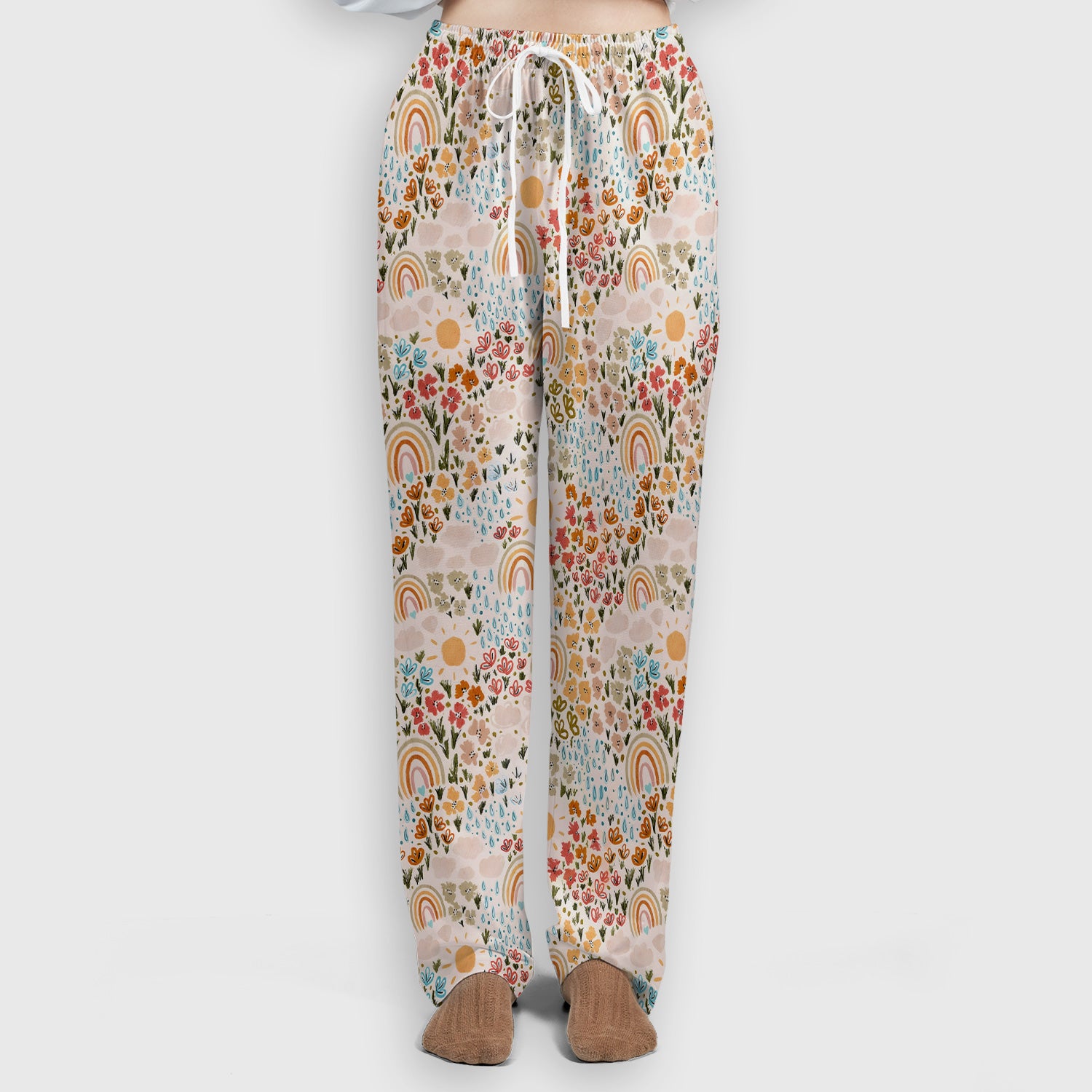 Cute Wildflower Meadow With Rainbow Sun And Raindrops Scrub Set, Scrub Pants and V Neck Top