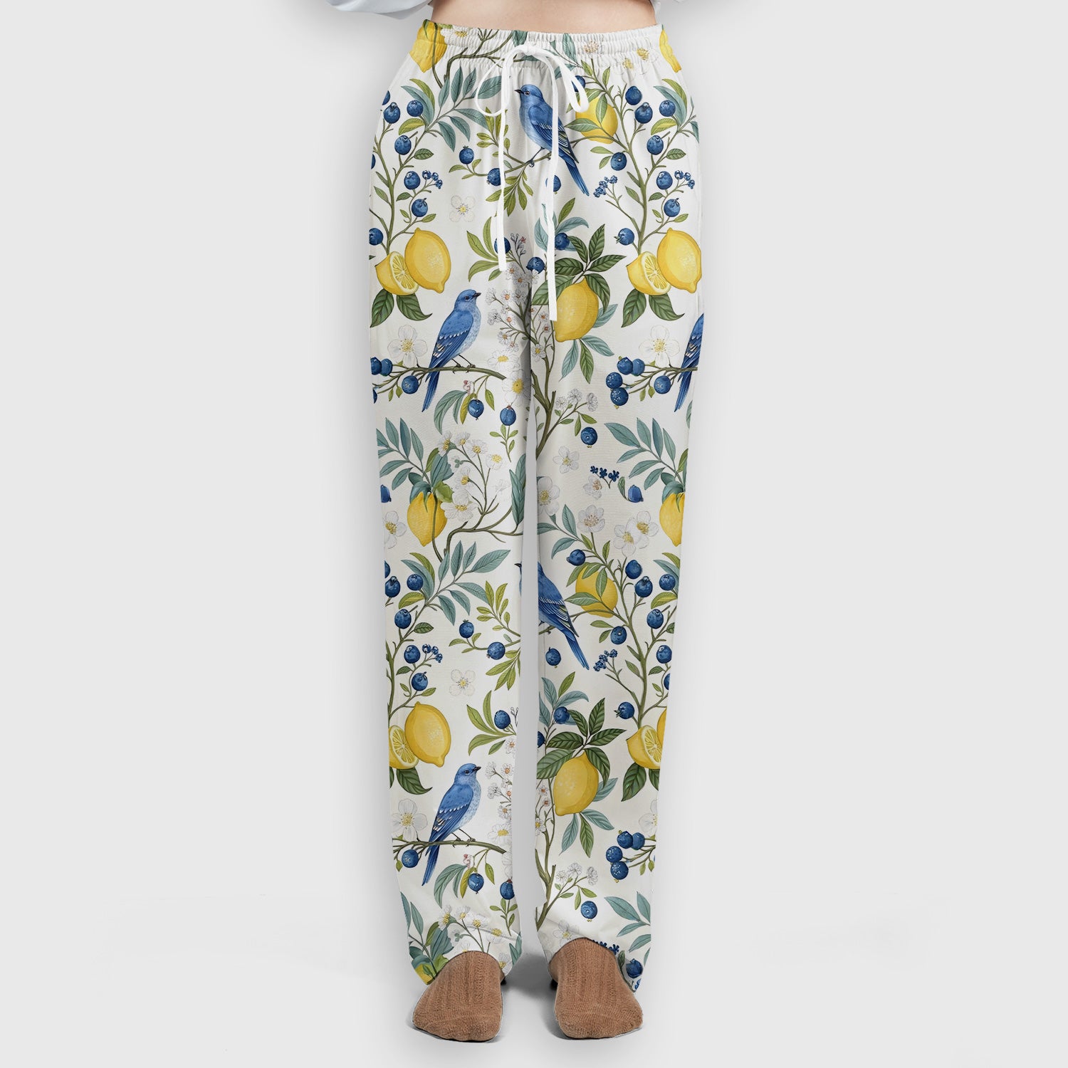 Cute Bluebird Lemon Berry Pattern Scrub Set, Scrub Pants and V Neck Top