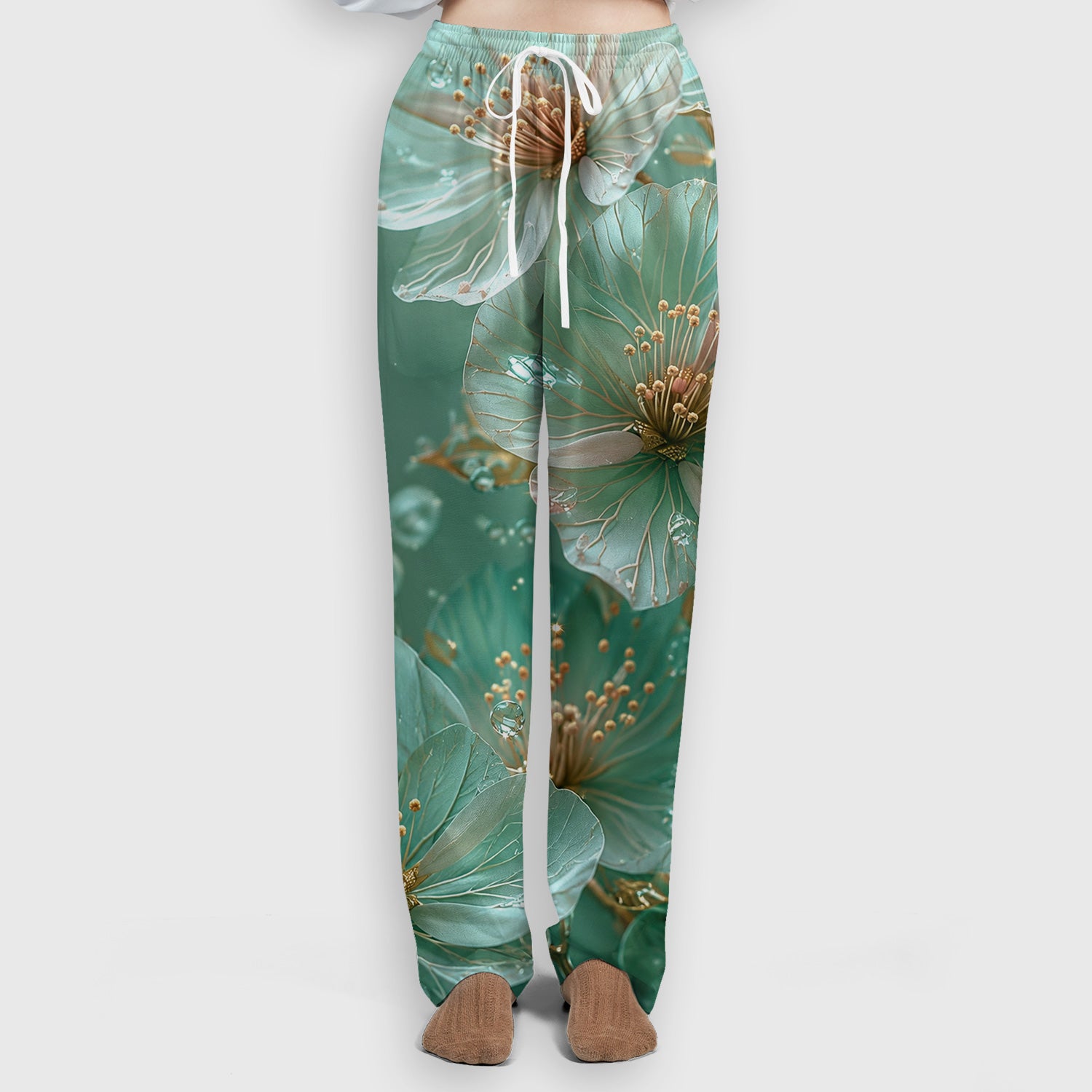 Elegant Mint Blossom Dewdrop Pattern Scrub Set, Scrub Pants and V Neck Top