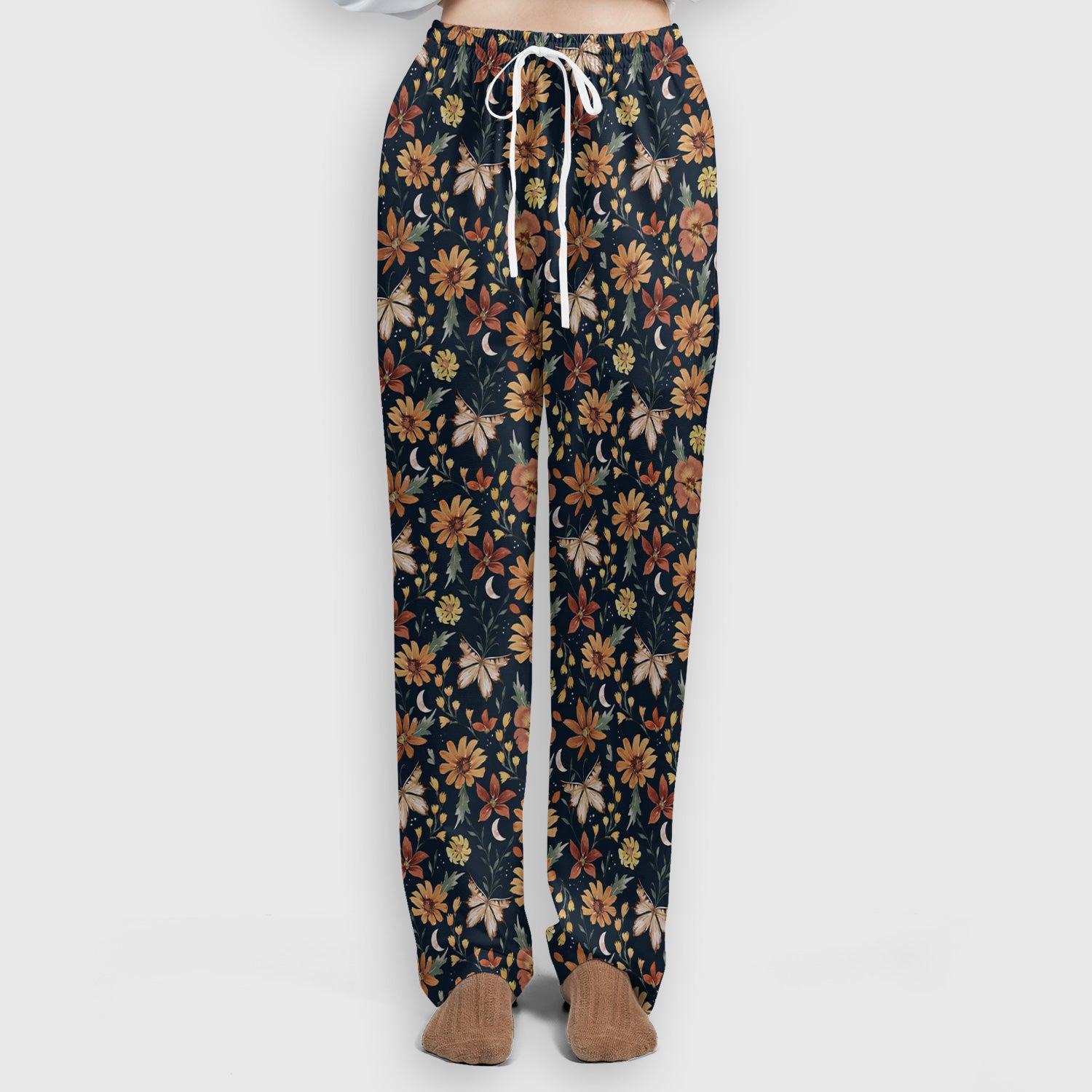 Charming Autumn Floral Butterfly Moon Pattern Scrub Set, Scrub Pants and V Neck Top